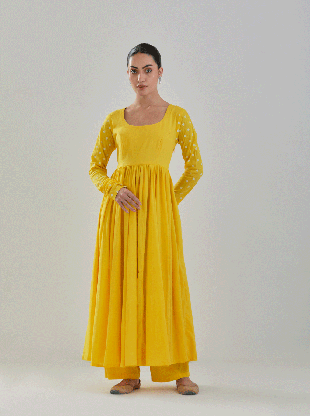 Juanita- Classic yellow gather style anarkali with gather sleeve and polka