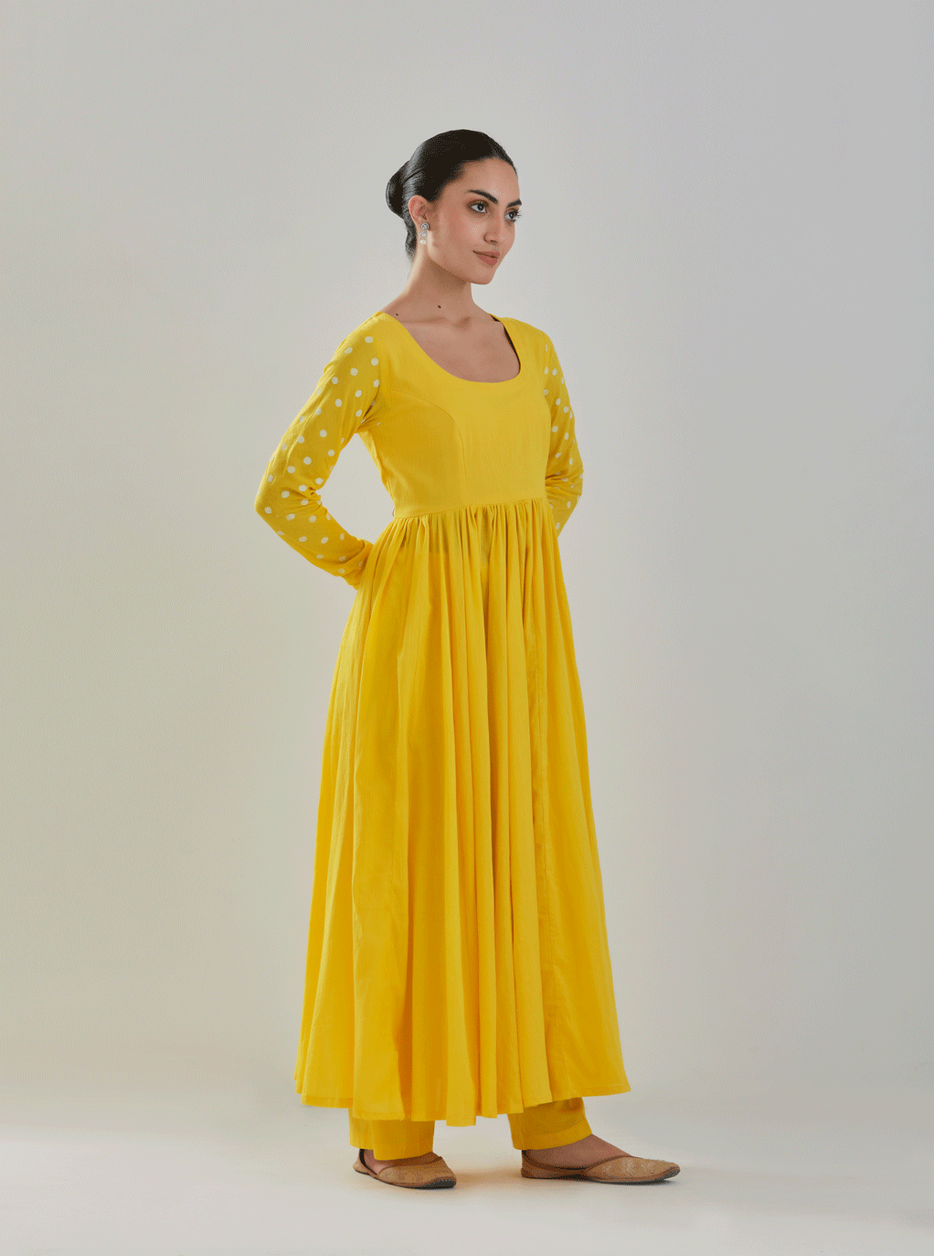 Juanita- Classic yellow gather style anarkali with gather sleeve and polka