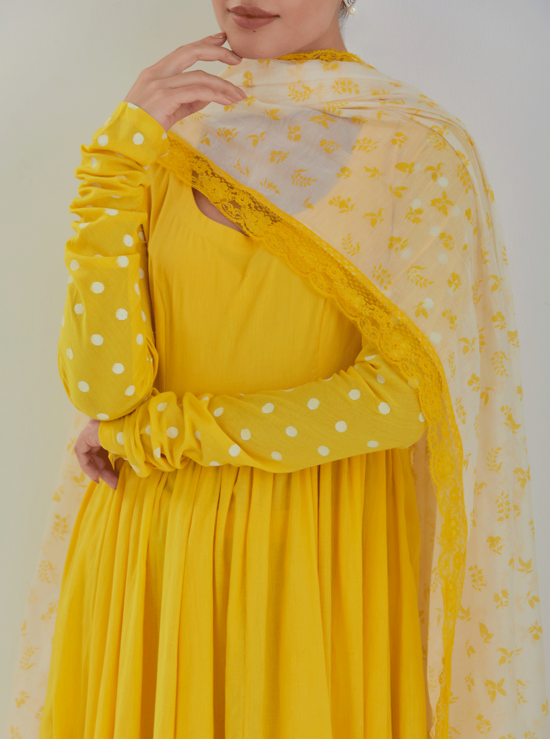 Juanita- Classic yellow gather style anarkali with gather sleeve and polka