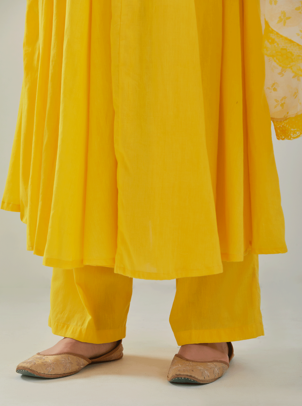 Juanita- Classic yellow gather style anarkali with gather sleeve and polka