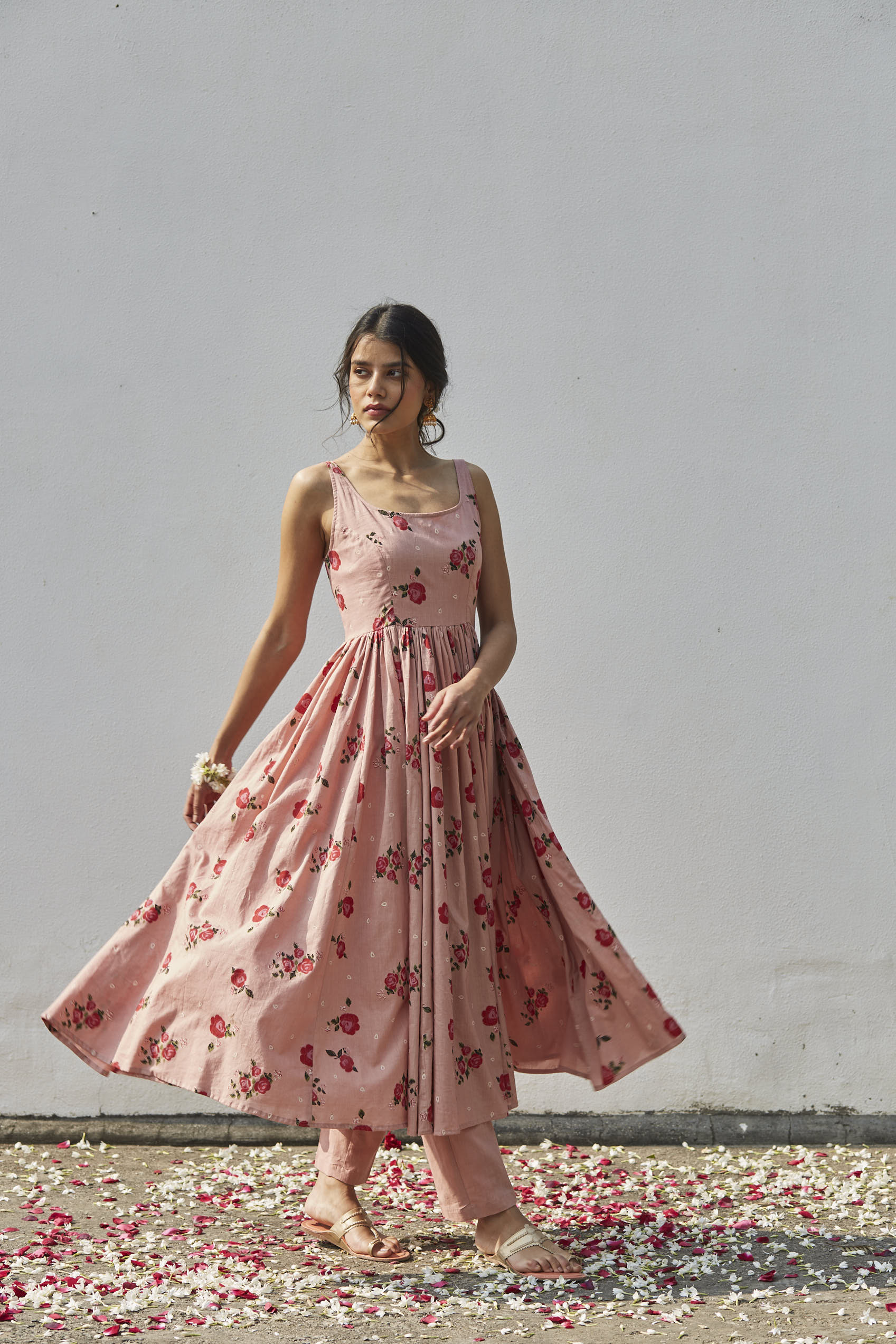 Juanita- Old rose comfort fit anarkali in cotton with embellishment