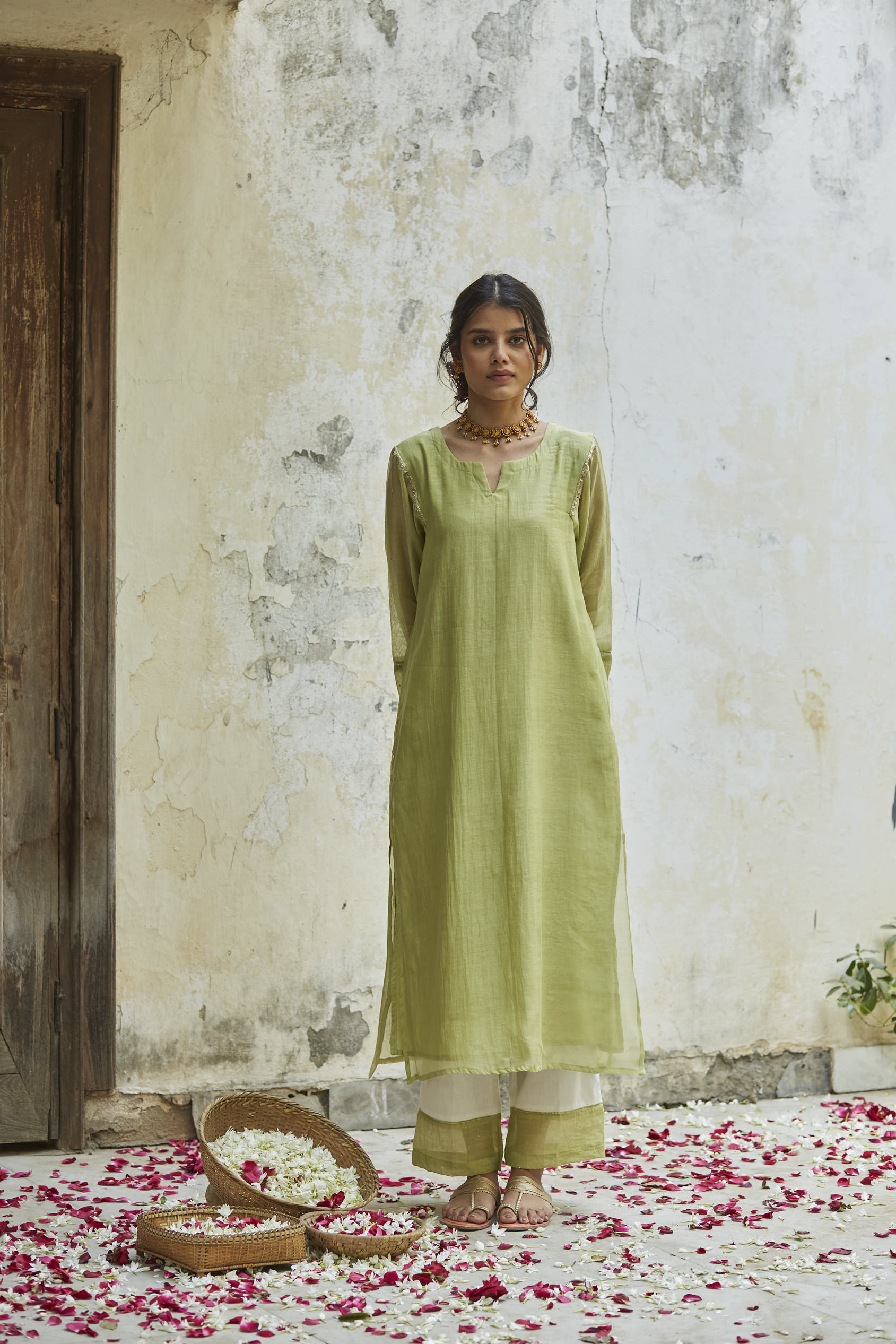 Juanita- Handwoven chandri pista green and ivory comfort fit kurta set