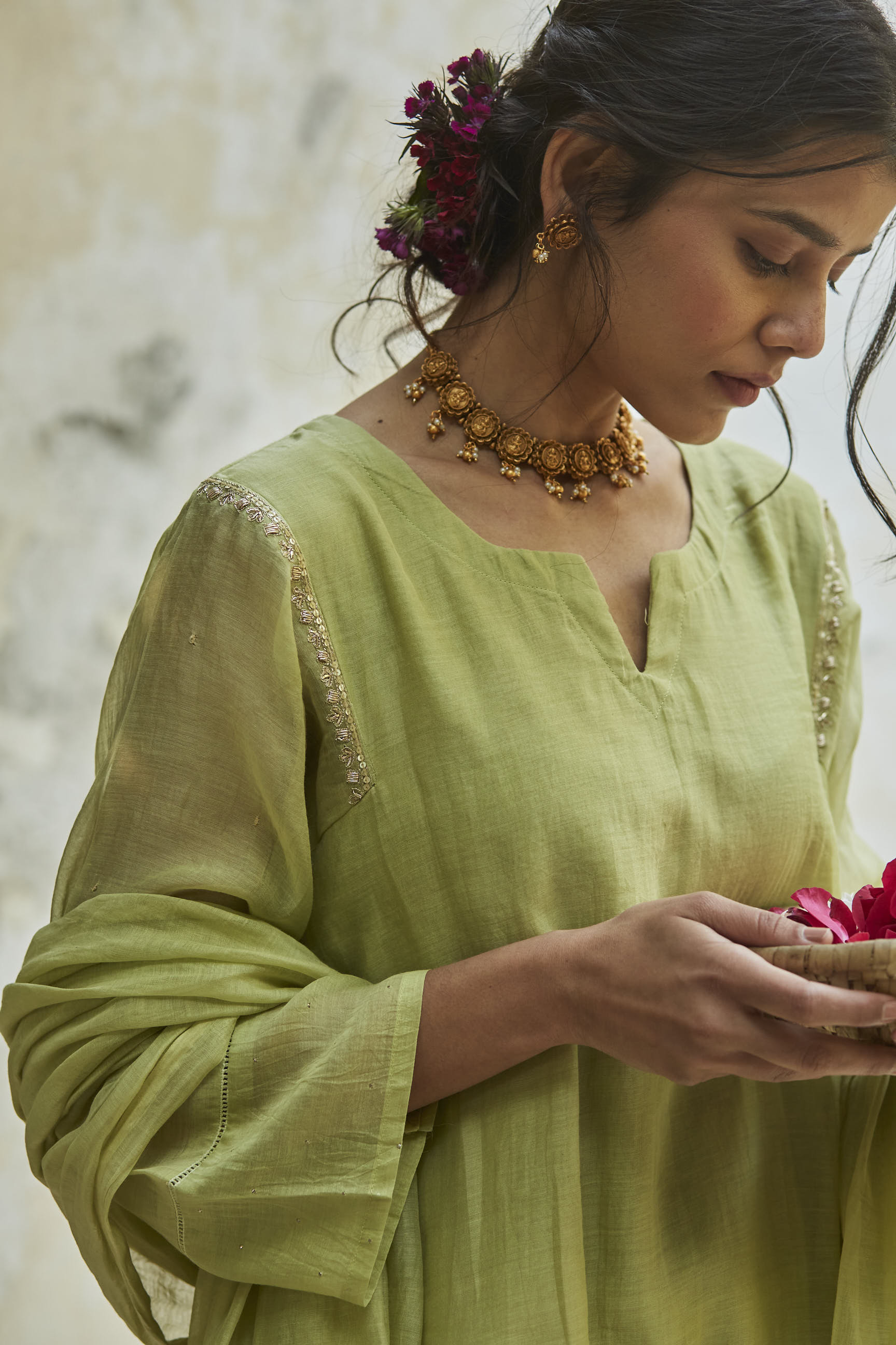 Juanita- Handwoven chandri pista green and ivory comfort fit kurta set