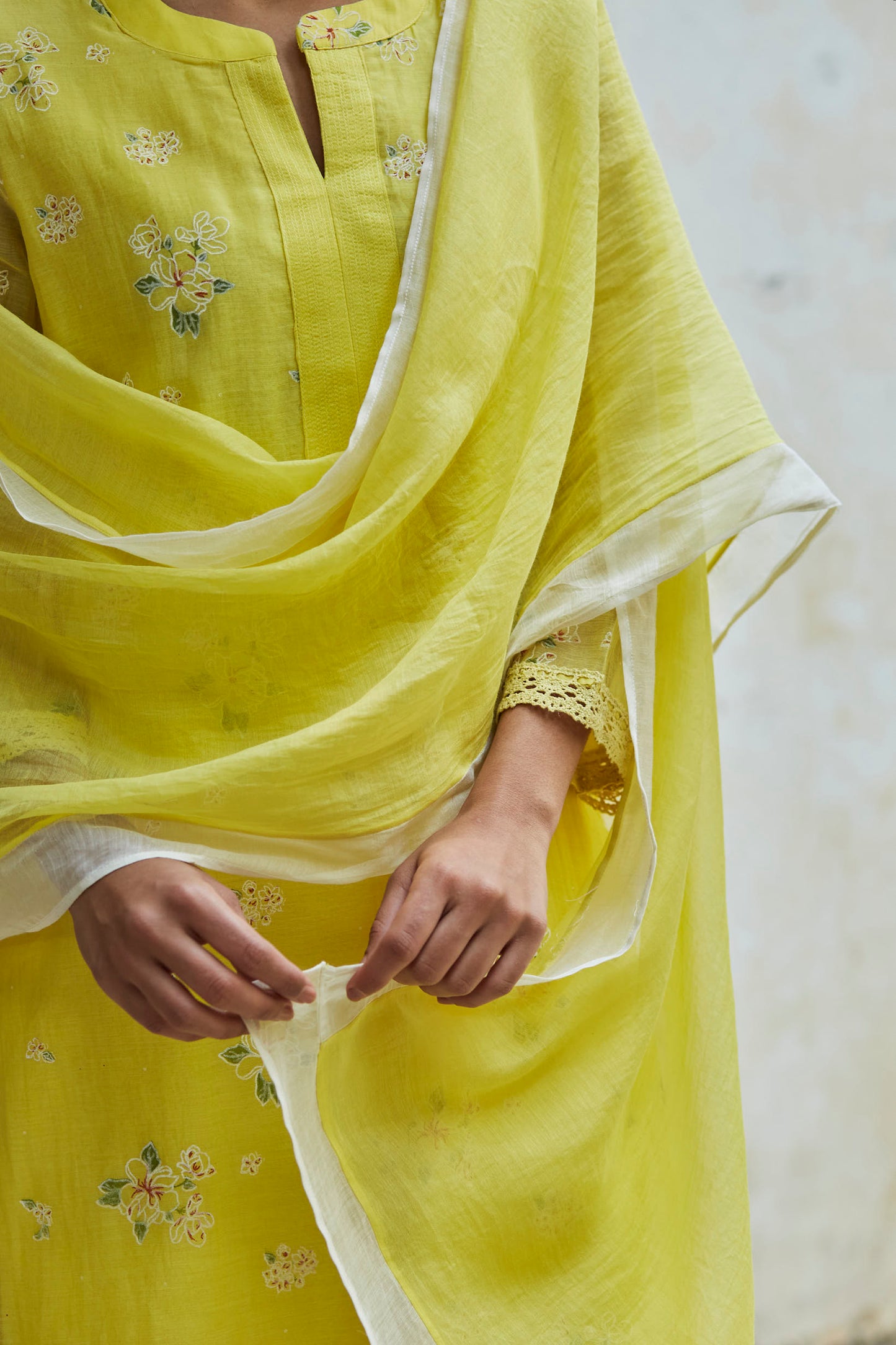 Juanita- Handwoven chanderi sunshine yellow comfort fit set with embellishment
