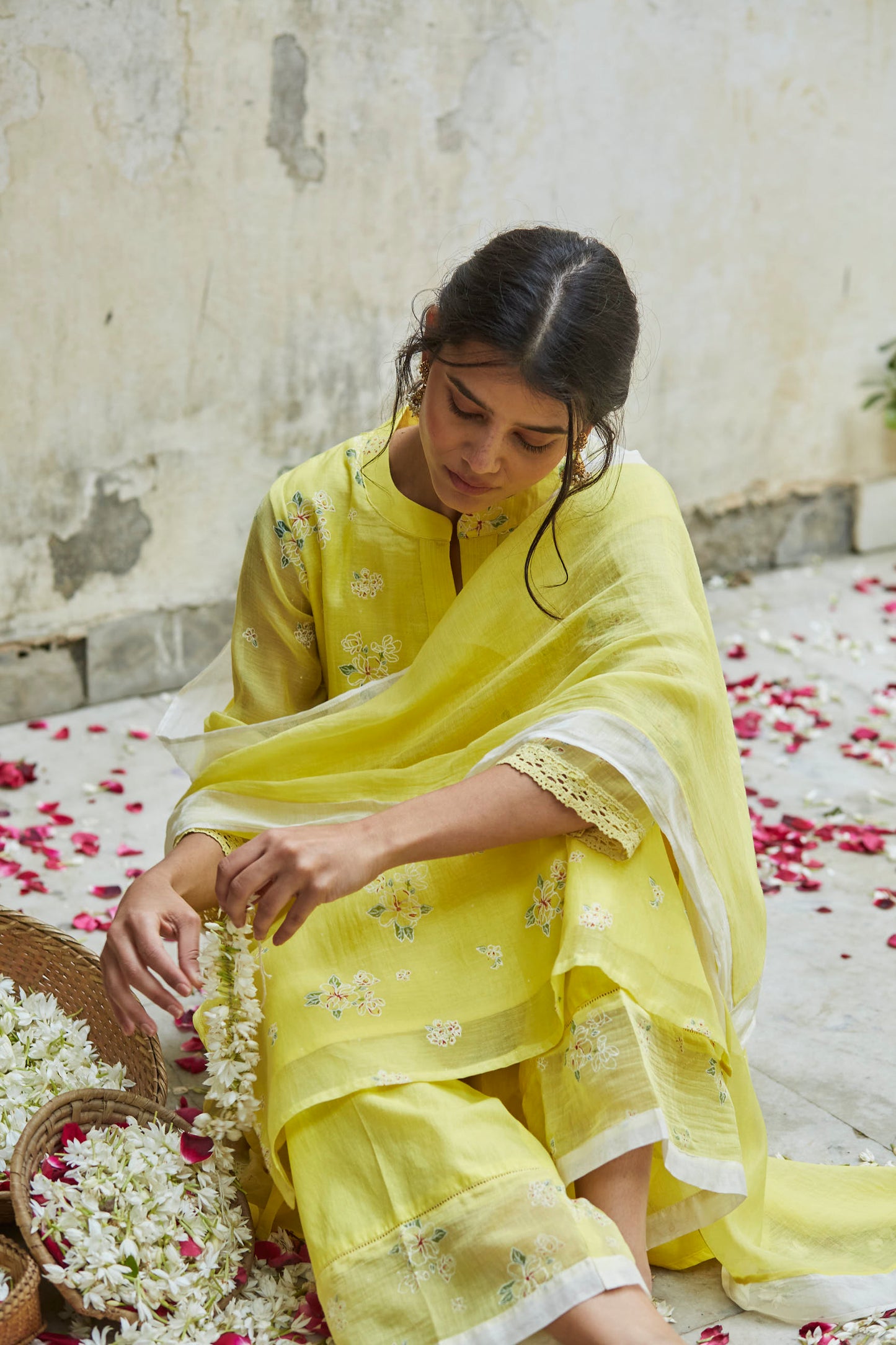 Juanita- Handwoven chanderi sunshine yellow comfort fit set with embellishment