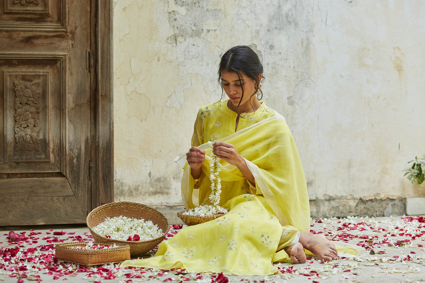 Juanita- Handwoven chanderi sunshine yellow comfort fit set with embellishment