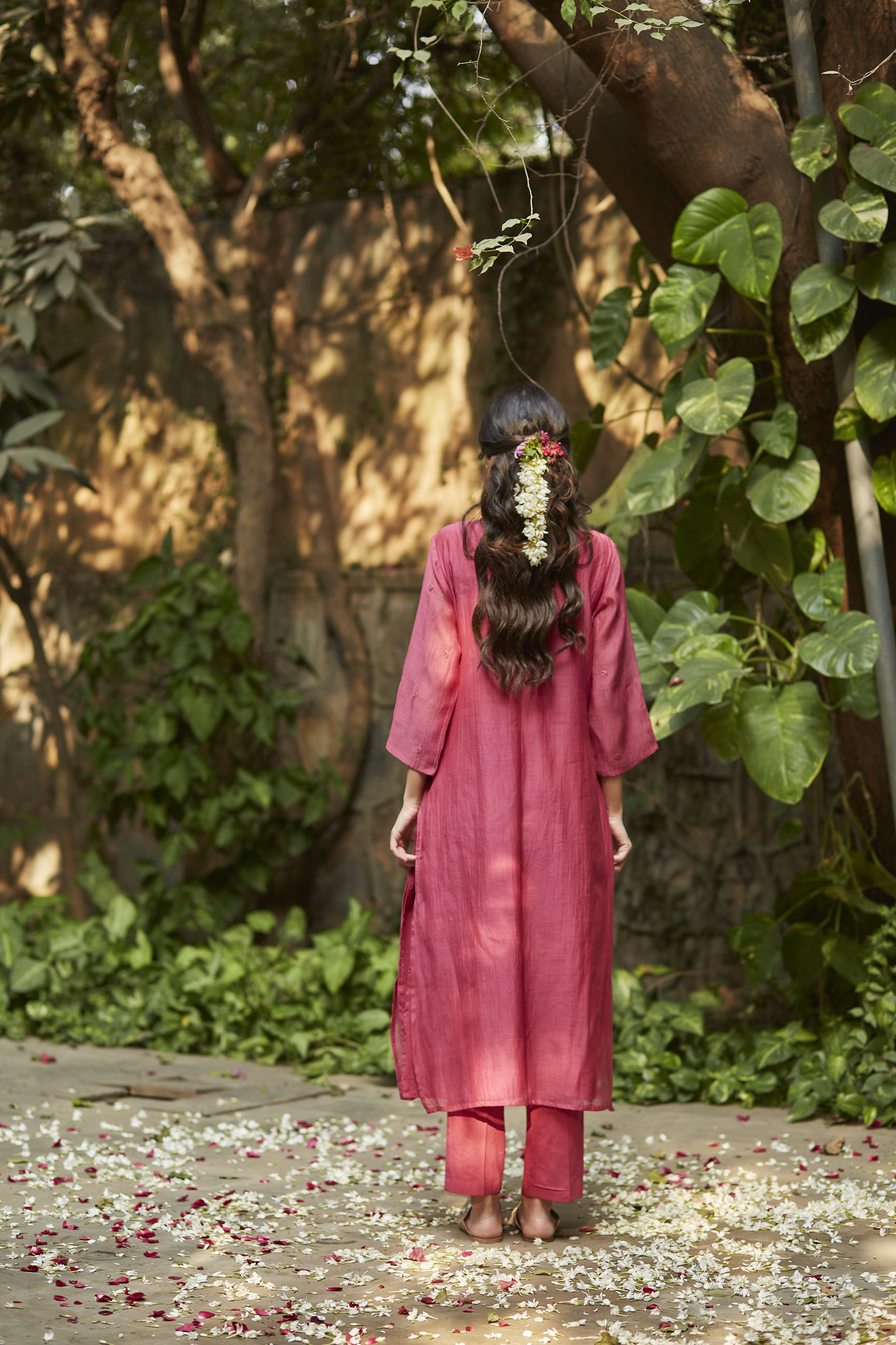 Juanita- Handwoven chanderi fuchsia and old rose comfort fit kurta set with embellishment