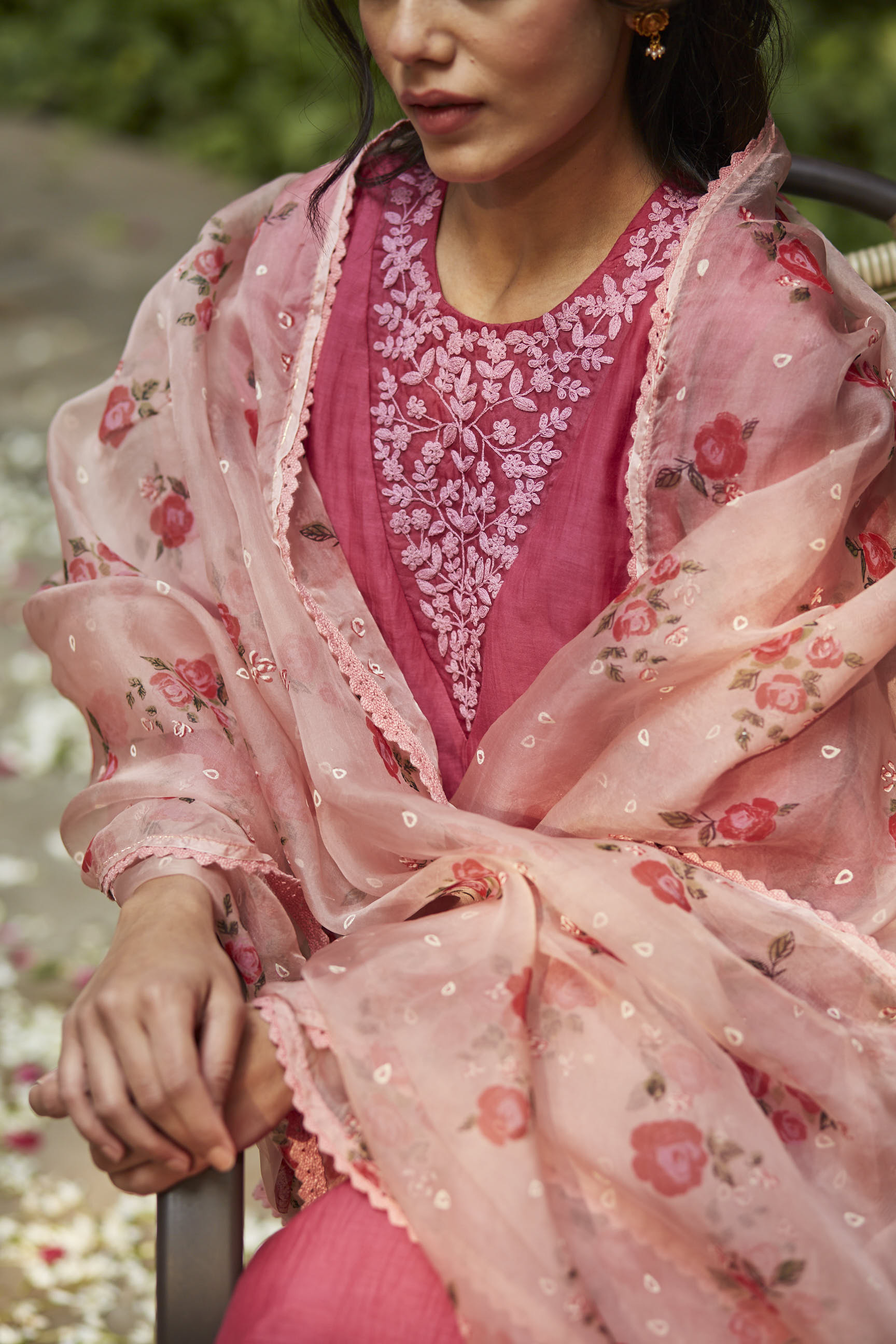 Juanita- Handwoven chanderi fuchsia and old rose comfort fit kurta set with embellishment
