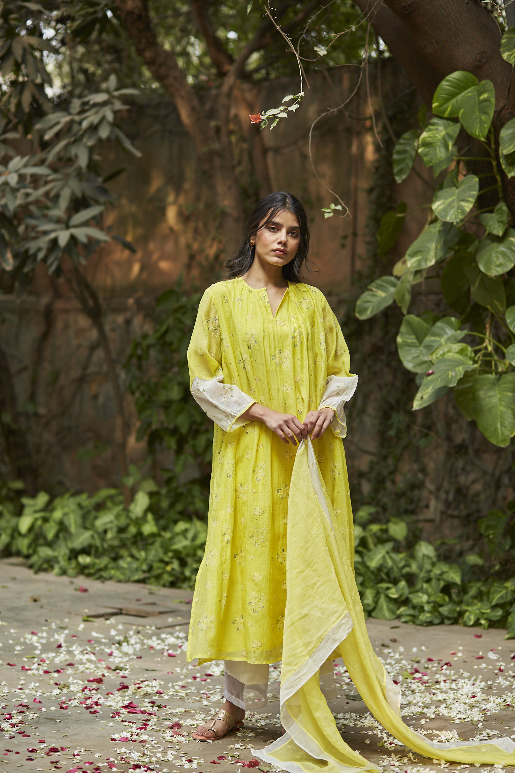 Juanita- Handwoven chanderi ivory and lime color block gather kurta set with embellishment