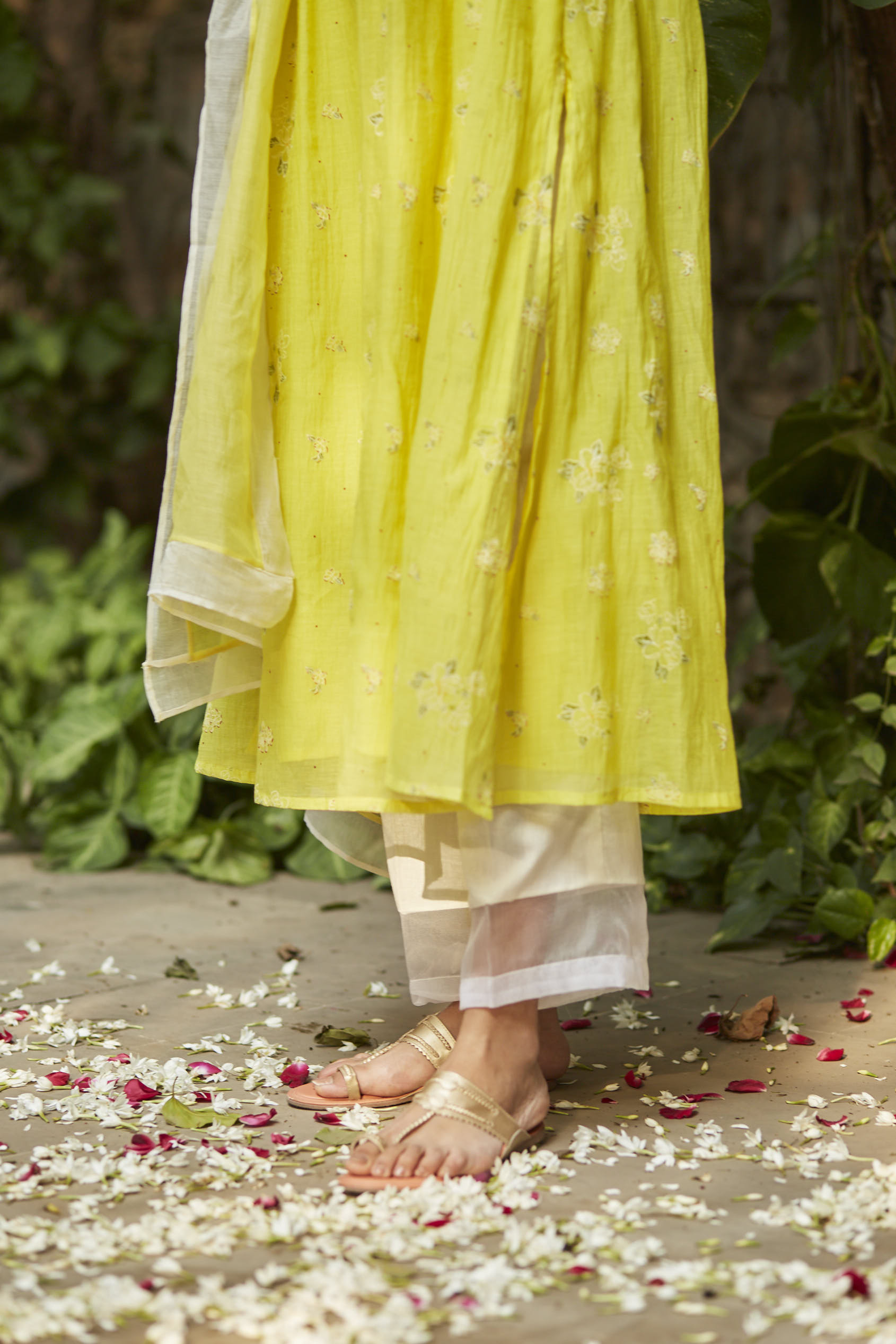 Juanita- Handwoven chanderi ivory and lime color block gather kurta set with embellishment