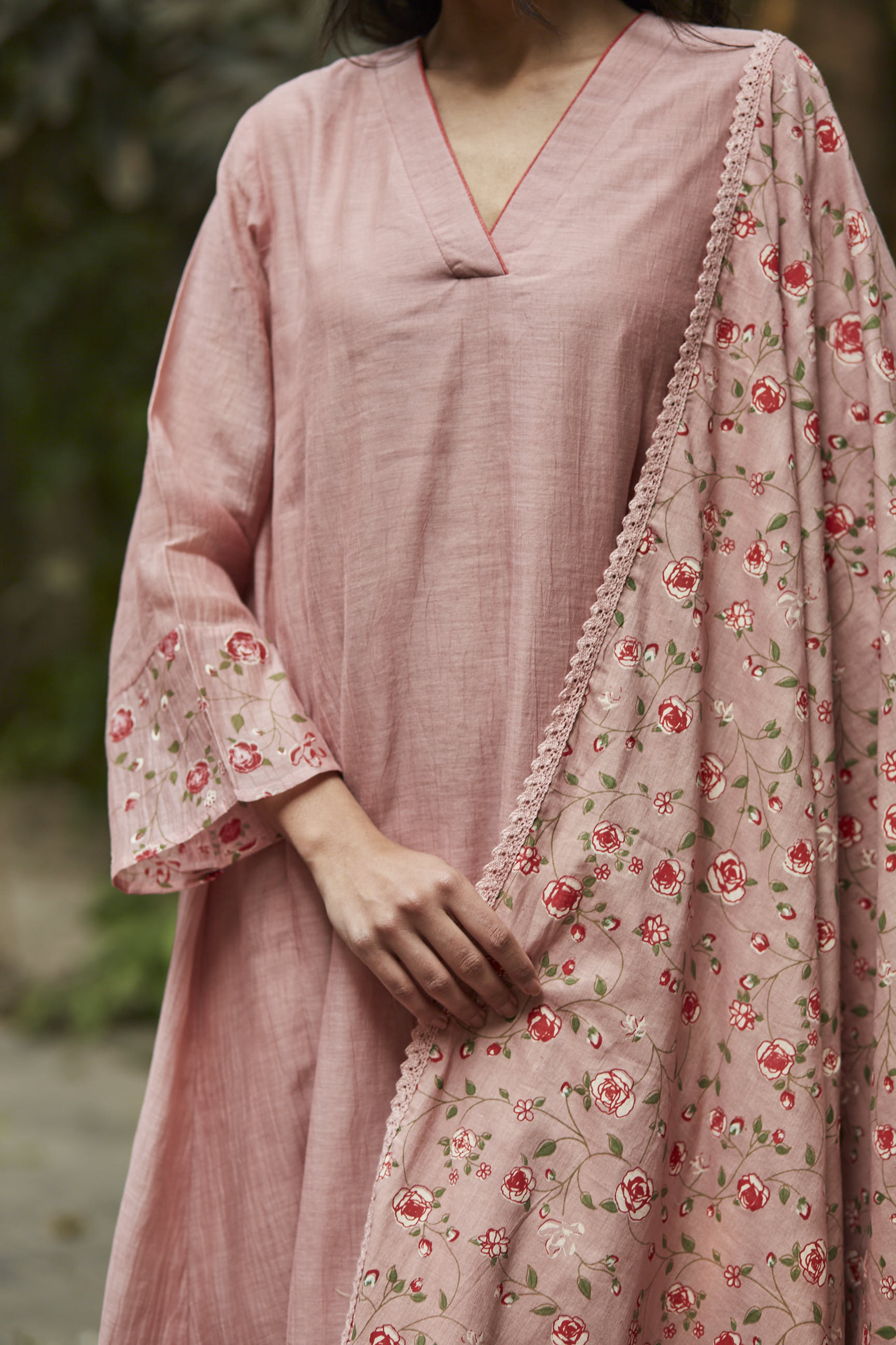 Juanita- Handwoven chanderi old rose comfort fit kurta set with embellishment