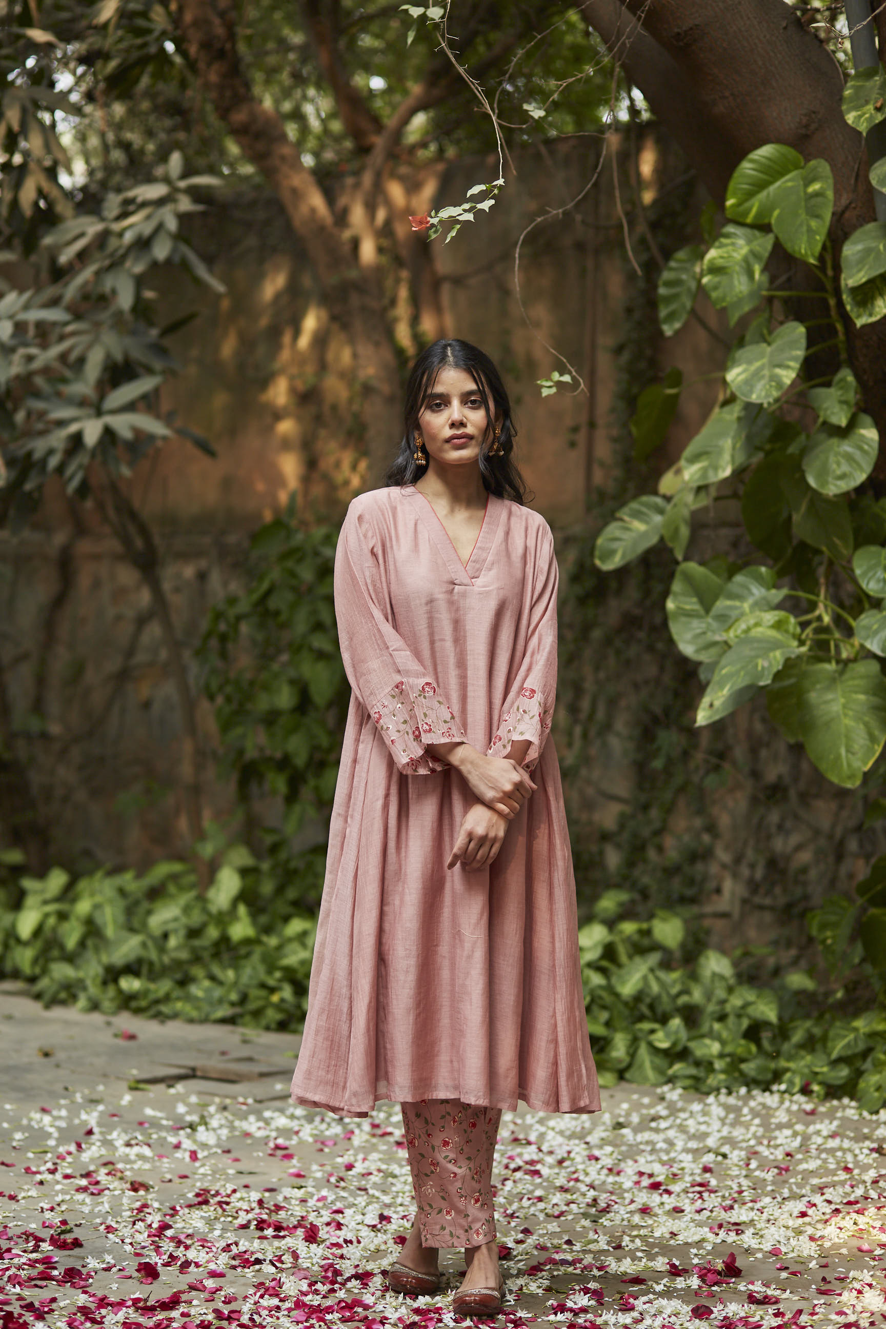 Juanita- Handwoven chanderi old rose comfort fit kurta set with embellishment