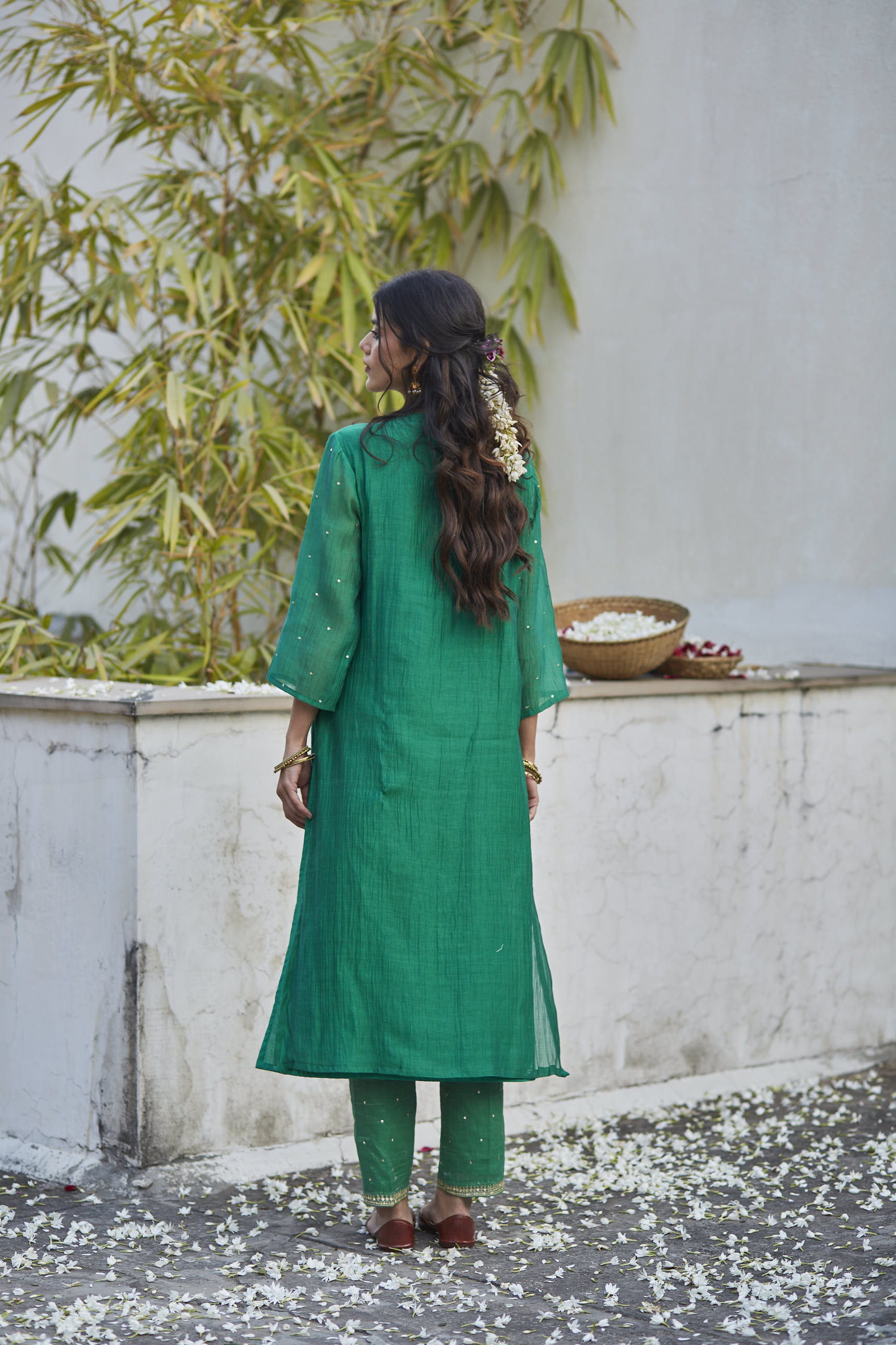 Juanita- Handwoven chanderi comfort fit kurta set in shades of green with embellishment