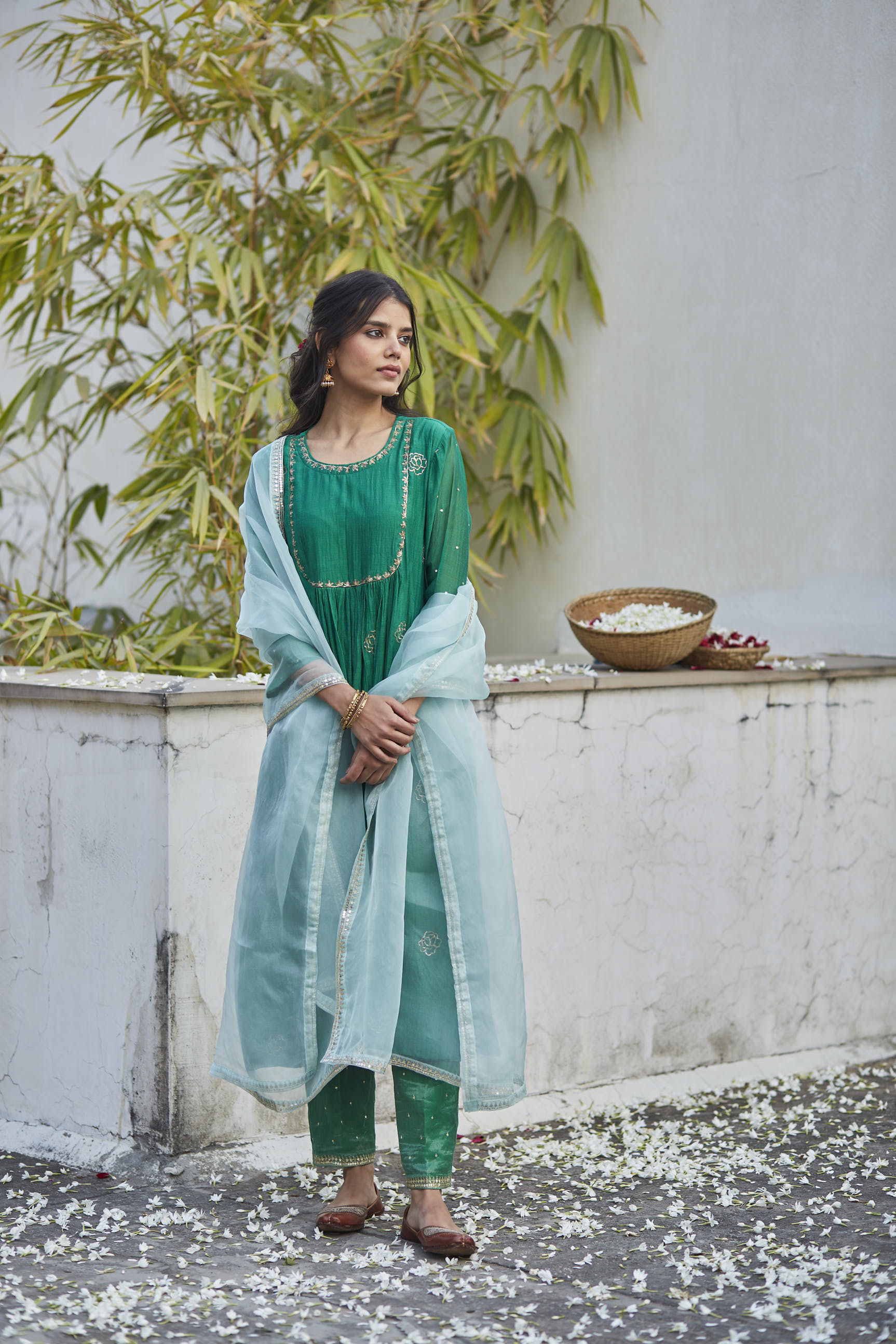 Juanita- Handwoven chanderi comfort fit kurta set in shades of green with embellishment