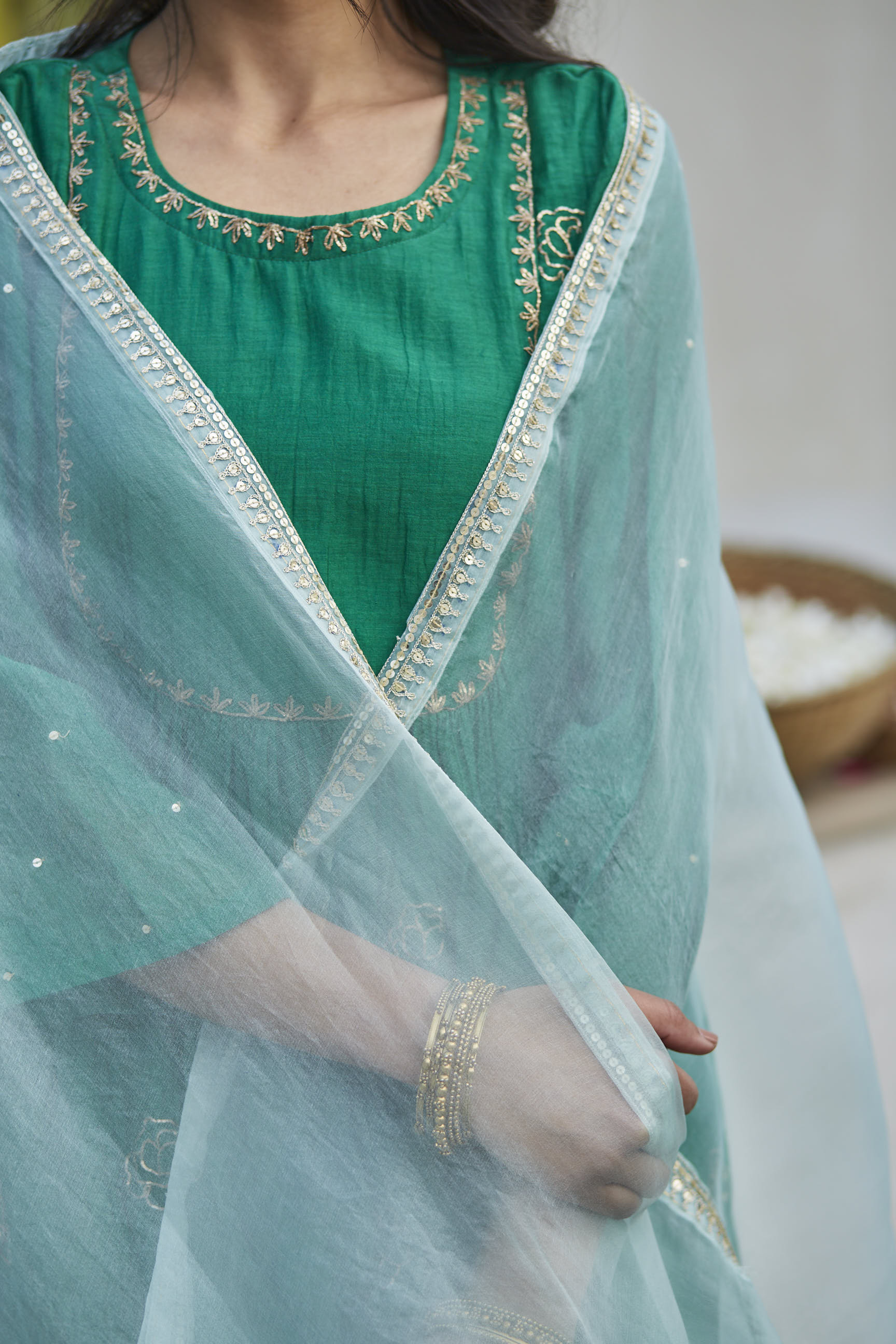 Juanita- Handwoven chanderi comfort fit kurta set in shades of green with embellishment