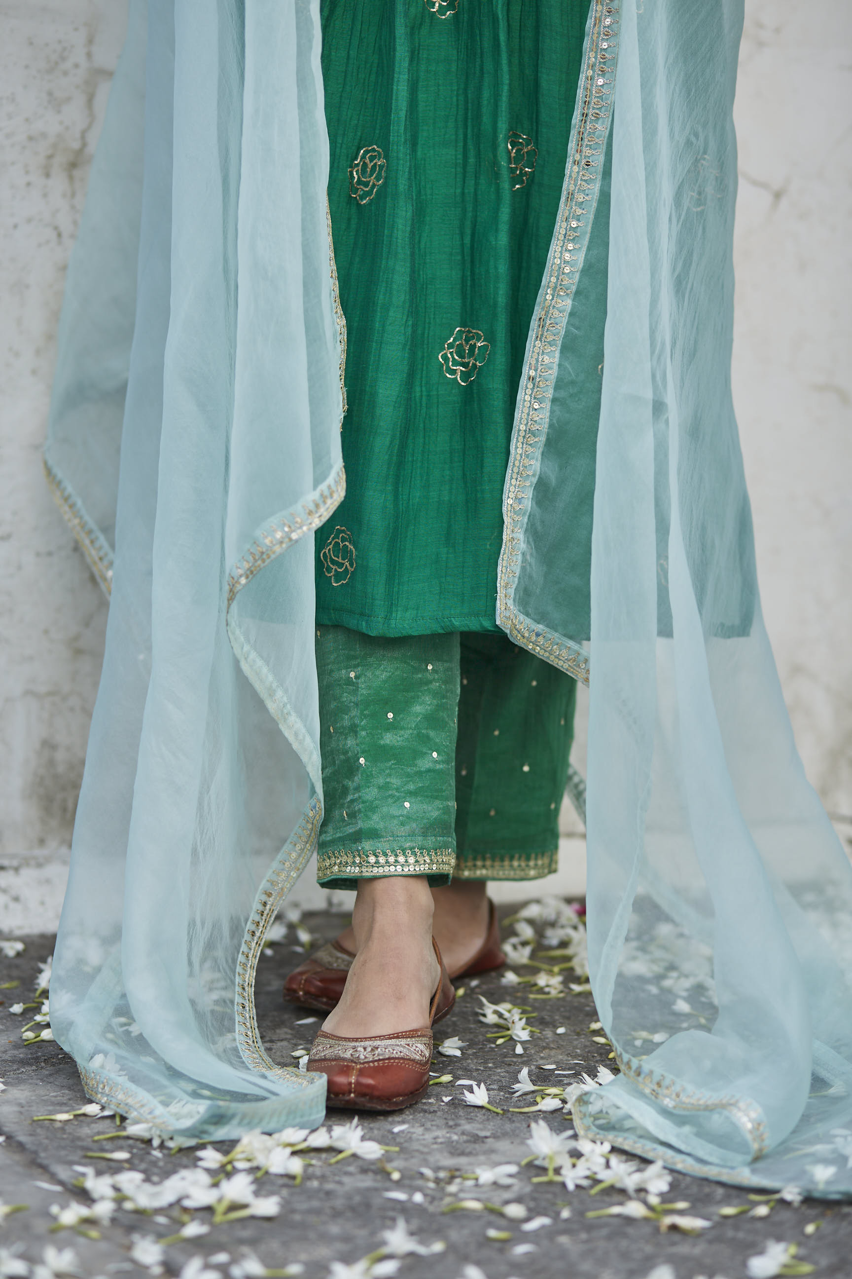Juanita- Handwoven chanderi comfort fit kurta set in shades of green with embellishment