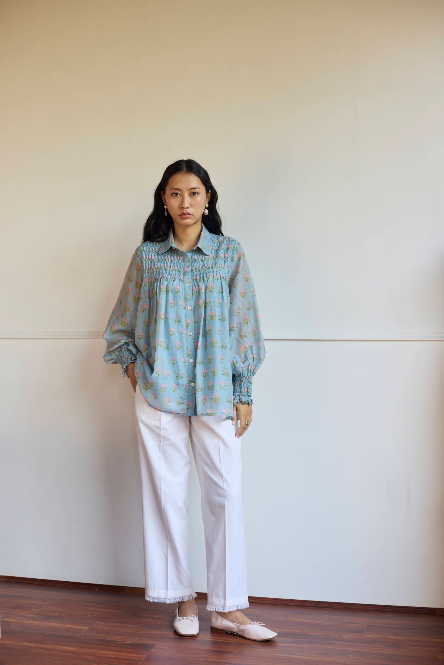 Juanita- POWDER BLUE SMOCKING SHIRT