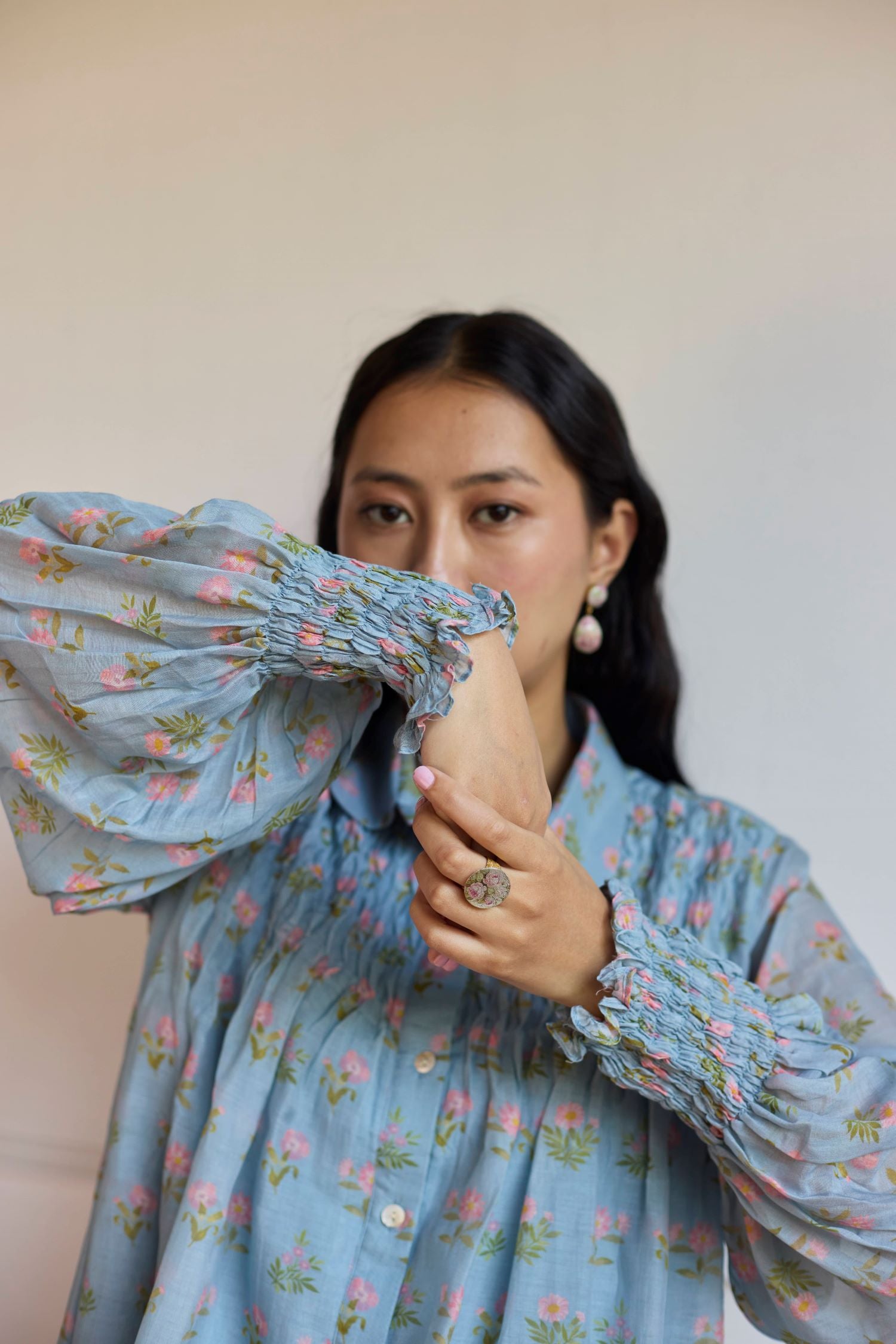 Juanita- POWDER BLUE SMOCKING SHIRT