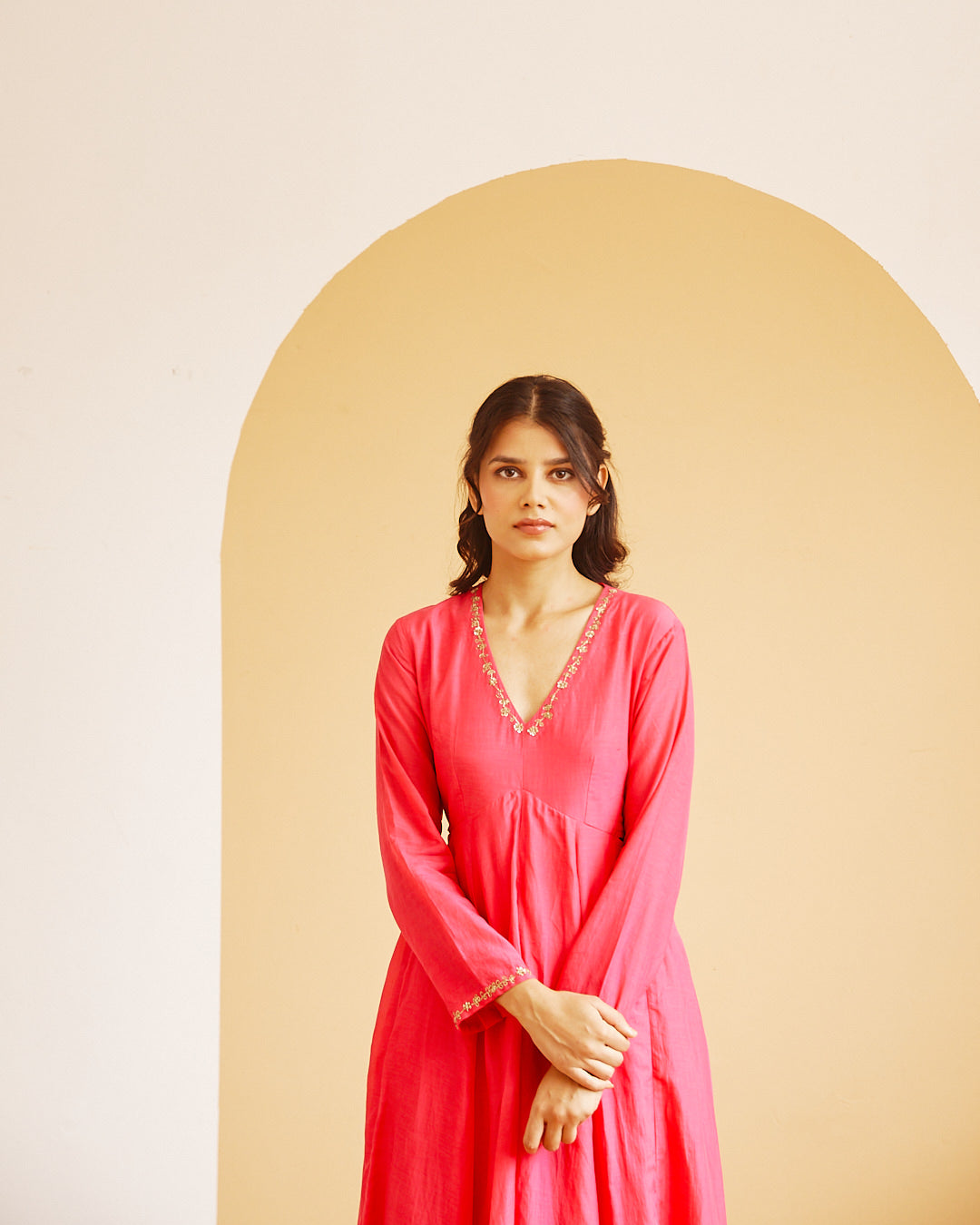 Juanita- Handwoven cotton silk hot pink front gather kali style anarkali