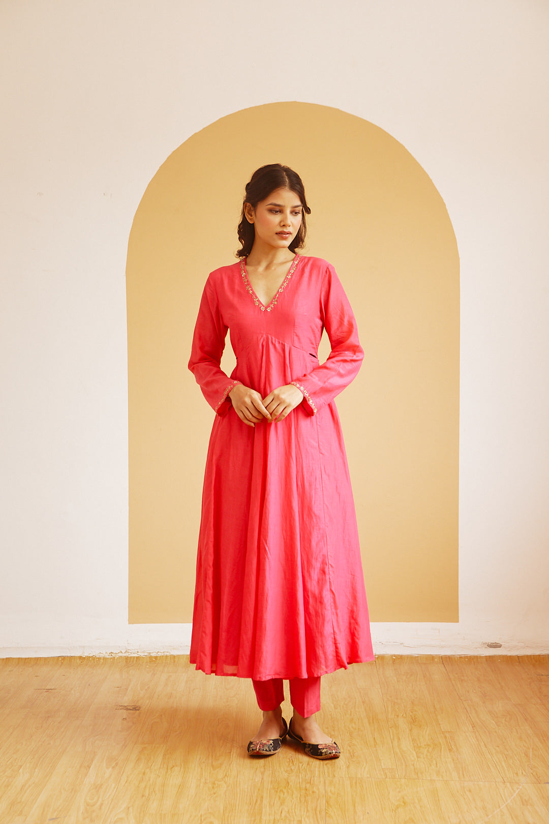 Juanita- Handwoven cotton silk hot pink front gather kali style anarkali