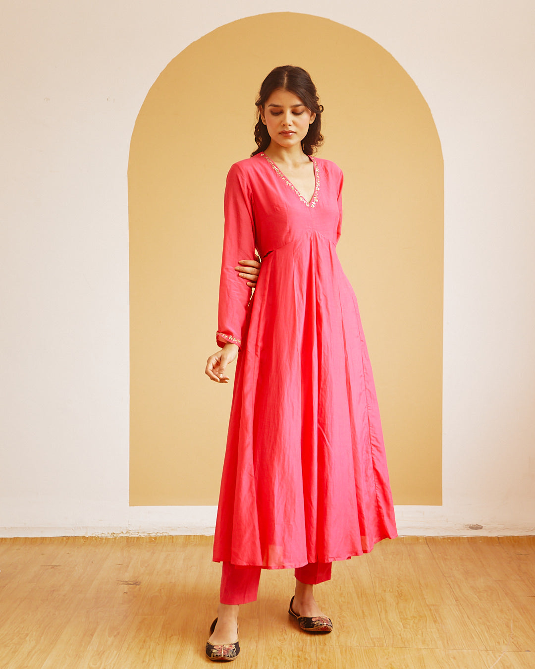 Juanita- Handwoven cotton silk hot pink front gather kali style anarkali