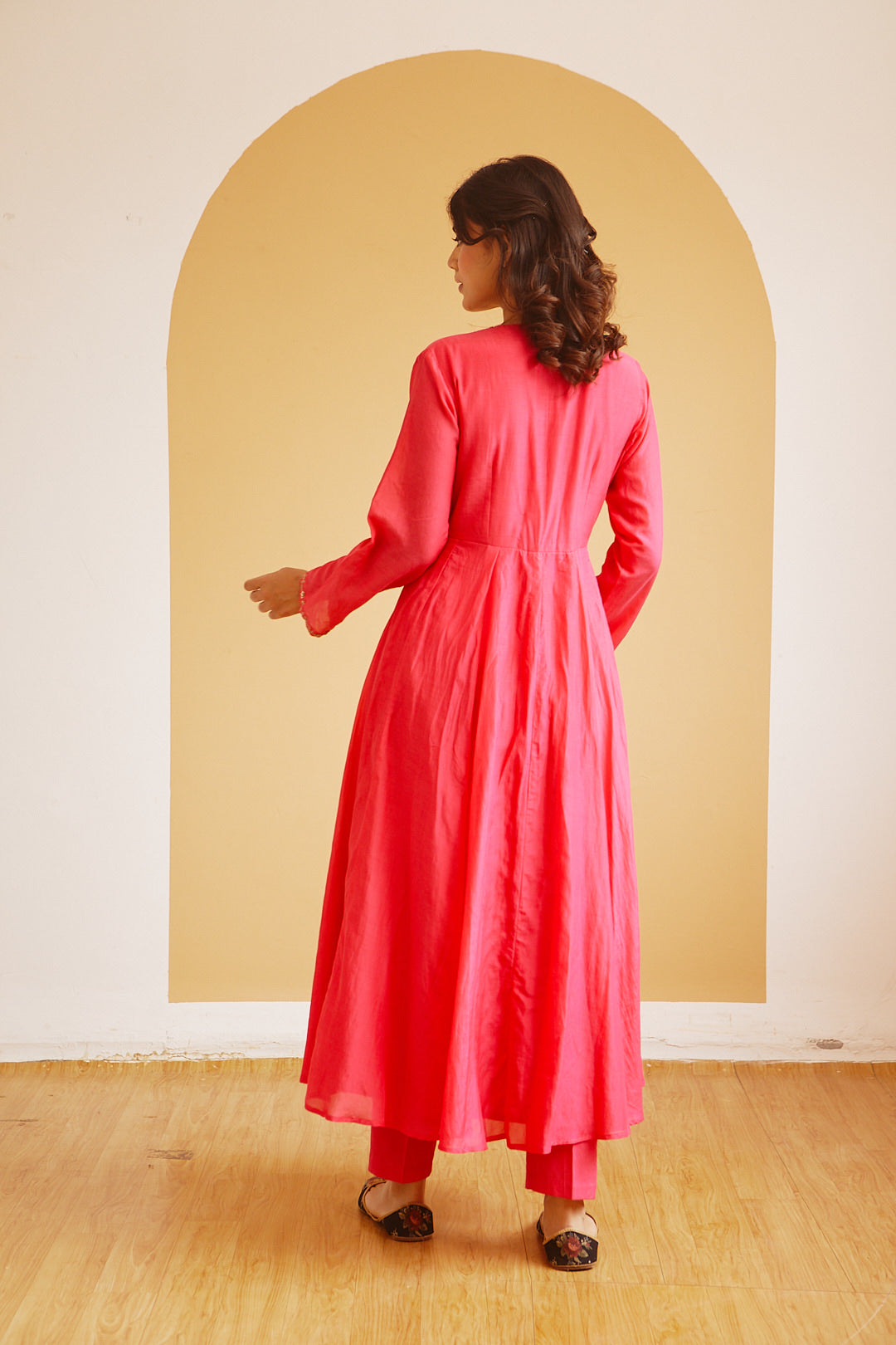 Juanita- Handwoven cotton silk hot pink front gather kali style anarkali