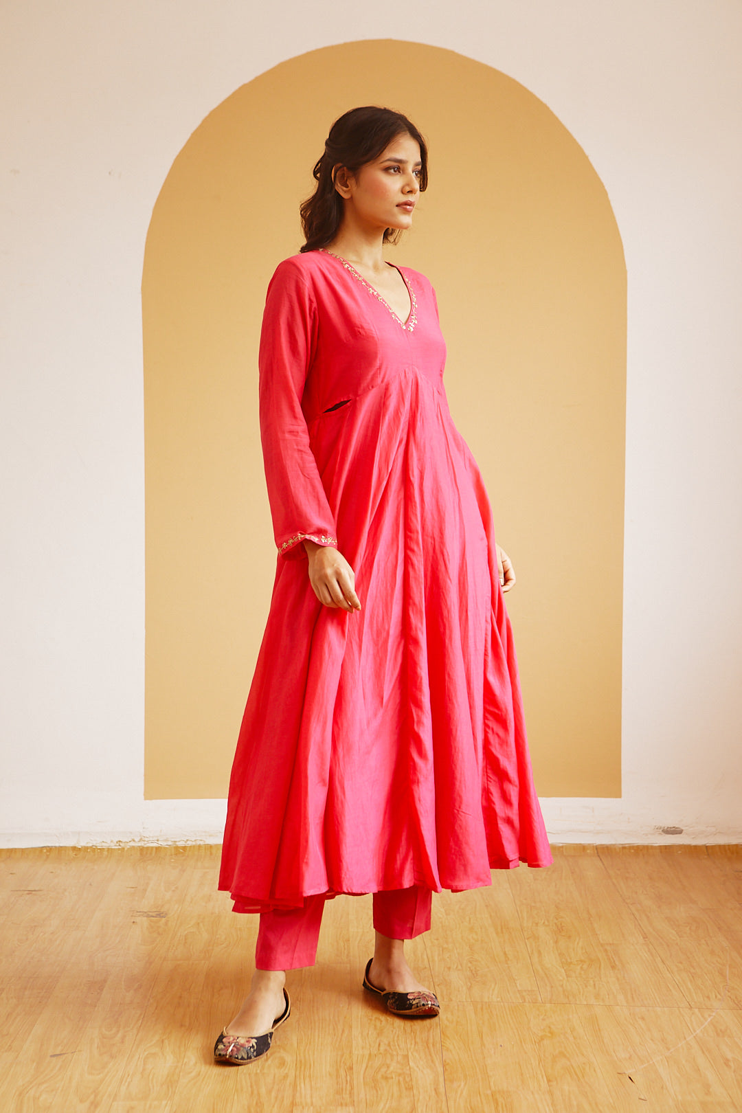 Juanita- Handwoven cotton silk hot pink front gather kali style anarkali