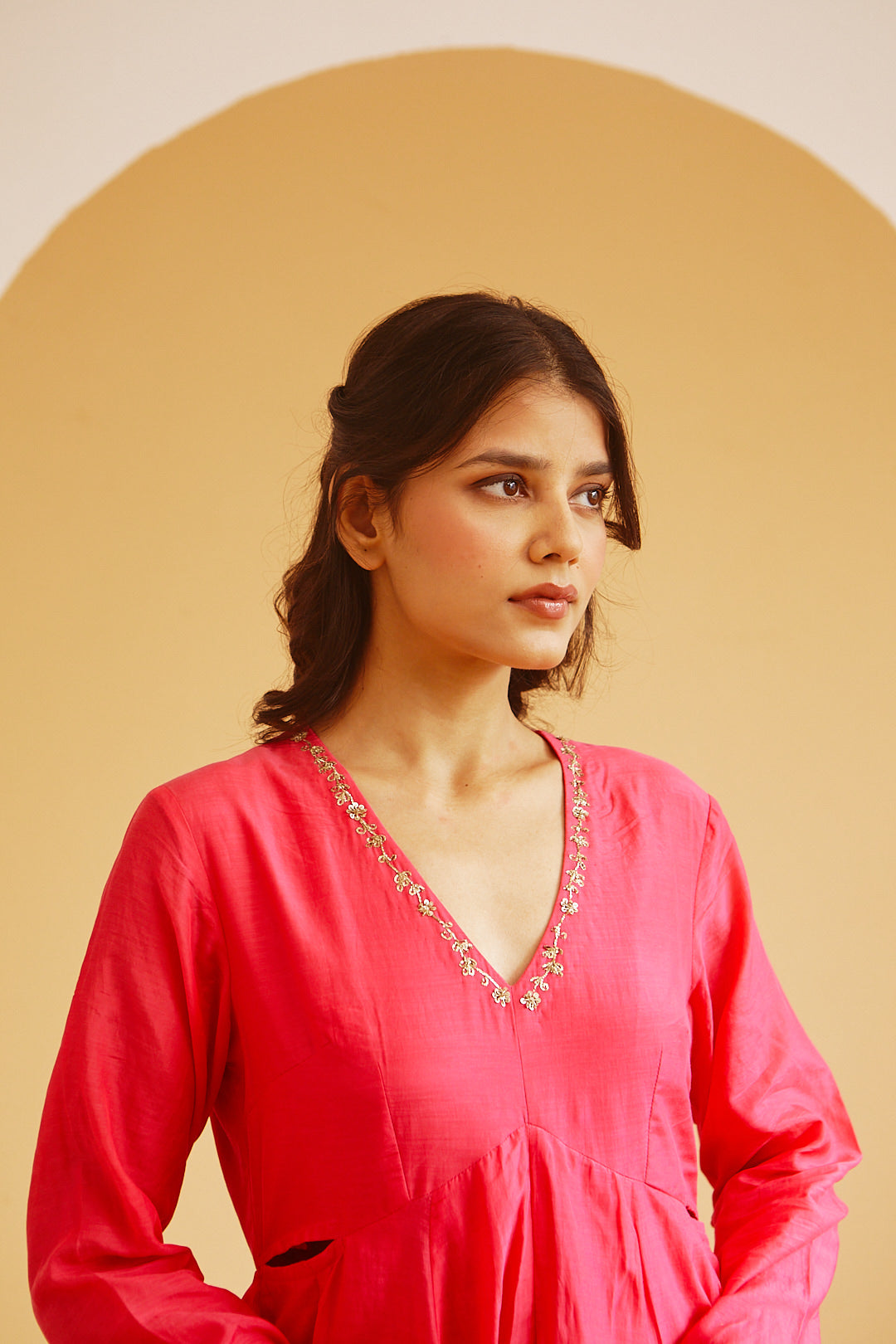 Juanita- Handwoven cotton silk hot pink front gather kali style anarkali