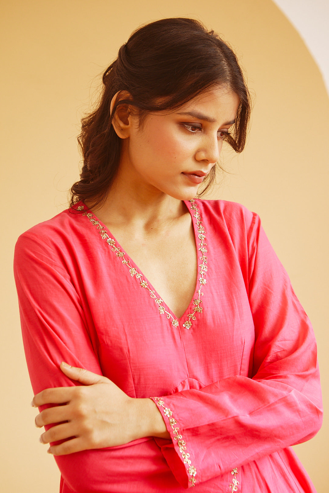 Juanita- Handwoven cotton silk hot pink front gather kali style anarkali