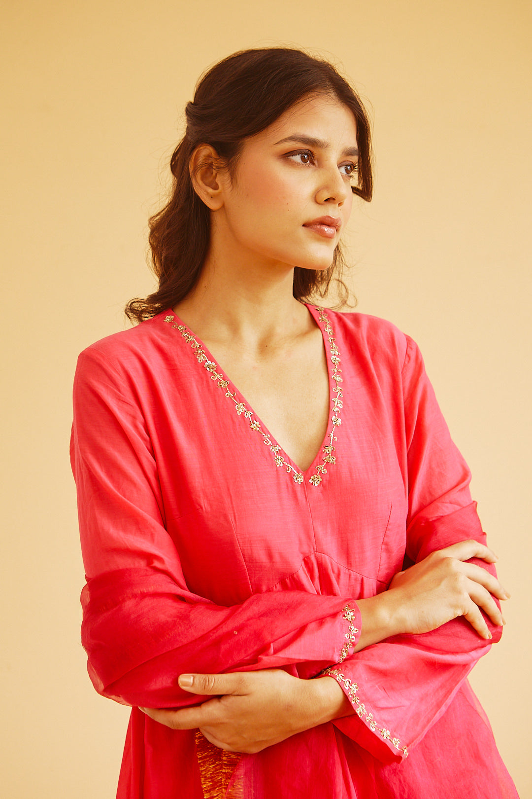 Juanita- Handwoven cotton silk hot pink front gather kali style anarkali