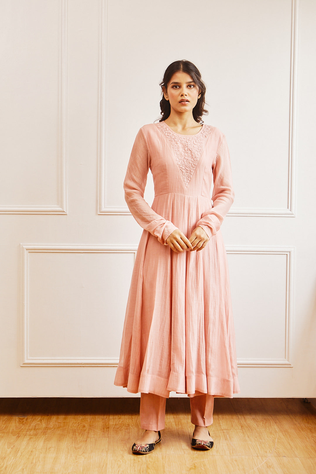 Juanita- Handwoven chanderi persian rose annarklai with embellishment of tonal dori embroidery