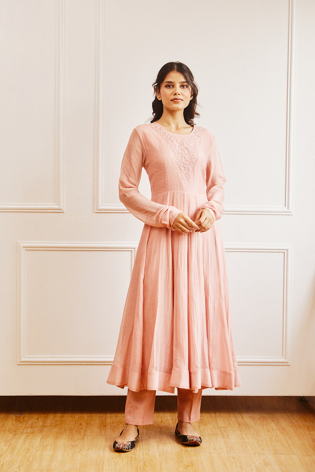 Juanita- Handwoven chanderi persian rose annarklai with embellishment of tonal dori embroidery