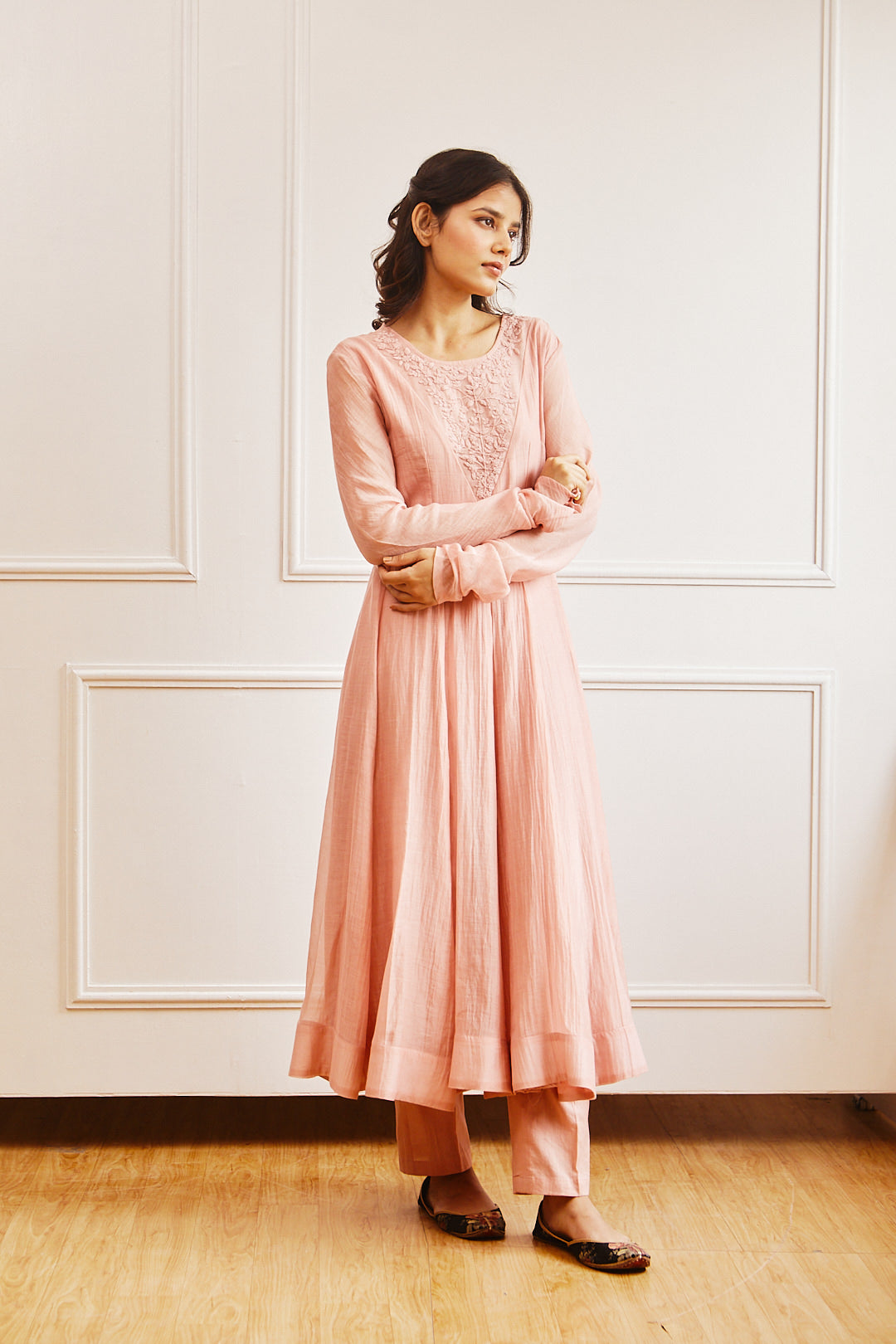 Juanita- Handwoven chanderi persian rose annarklai with embellishment of tonal dori embroidery