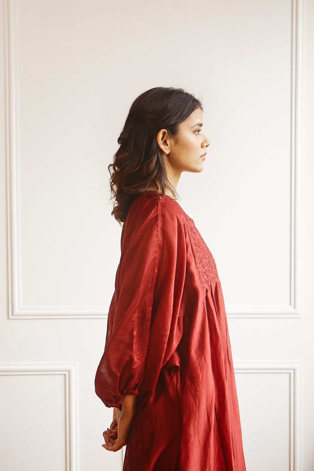 Juanita- Handwoven chanderi silk firan kafta with tonal dori embellishment