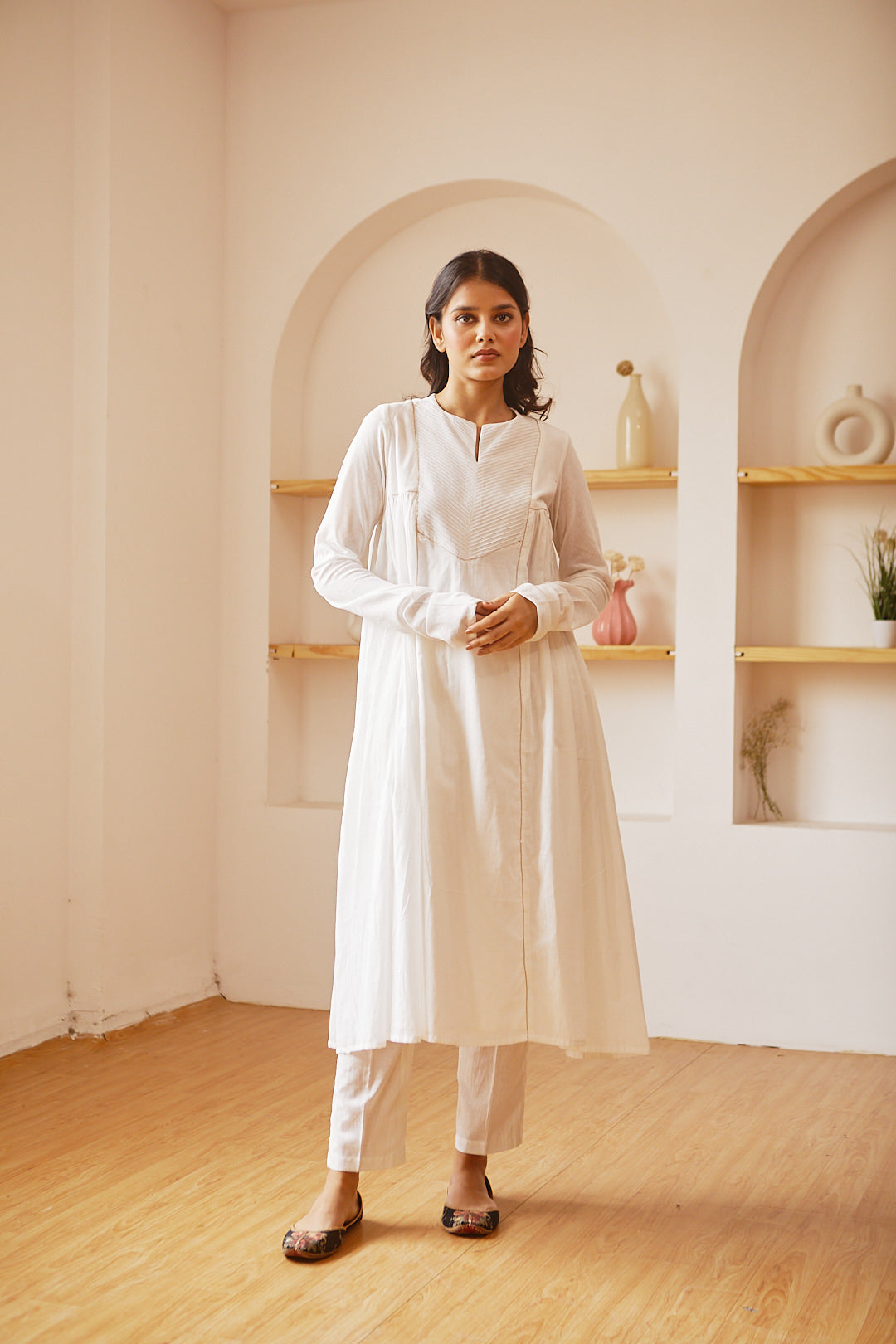 Juanita- Handwoven cotton ivory pintuck with side gather kurta