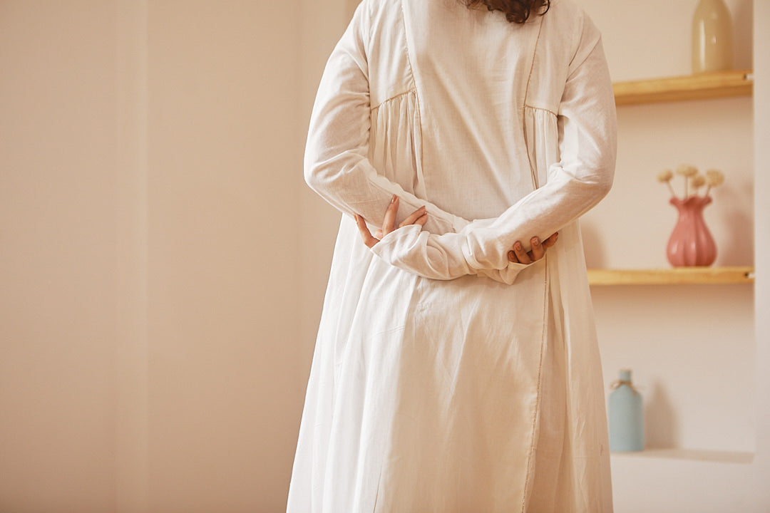 Juanita- Handwoven cotton ivory pintuck with side gather kurta