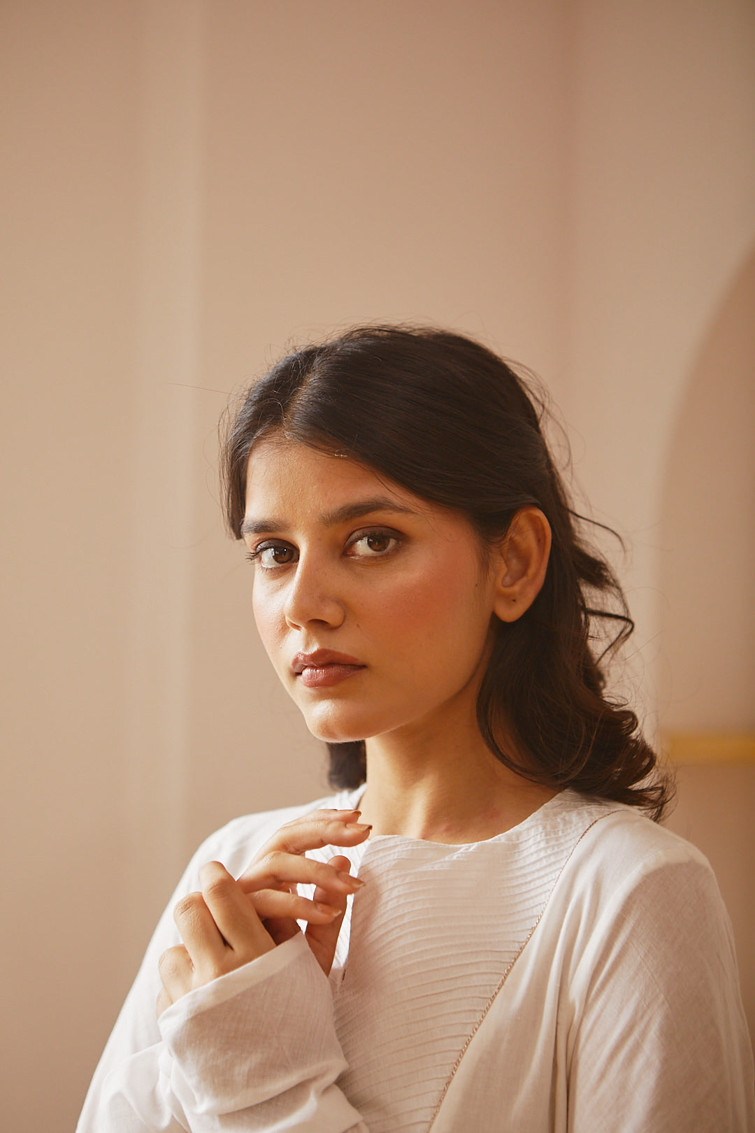 Juanita- Handwoven cotton ivory pintuck with side gather kurta