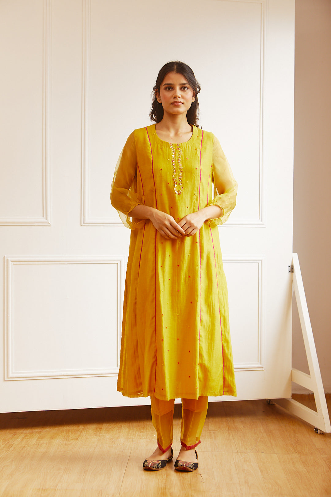 Juanita- Handwoven chanderi ochre comfort fit kurta with embellishment of dabka pitta embroidery set