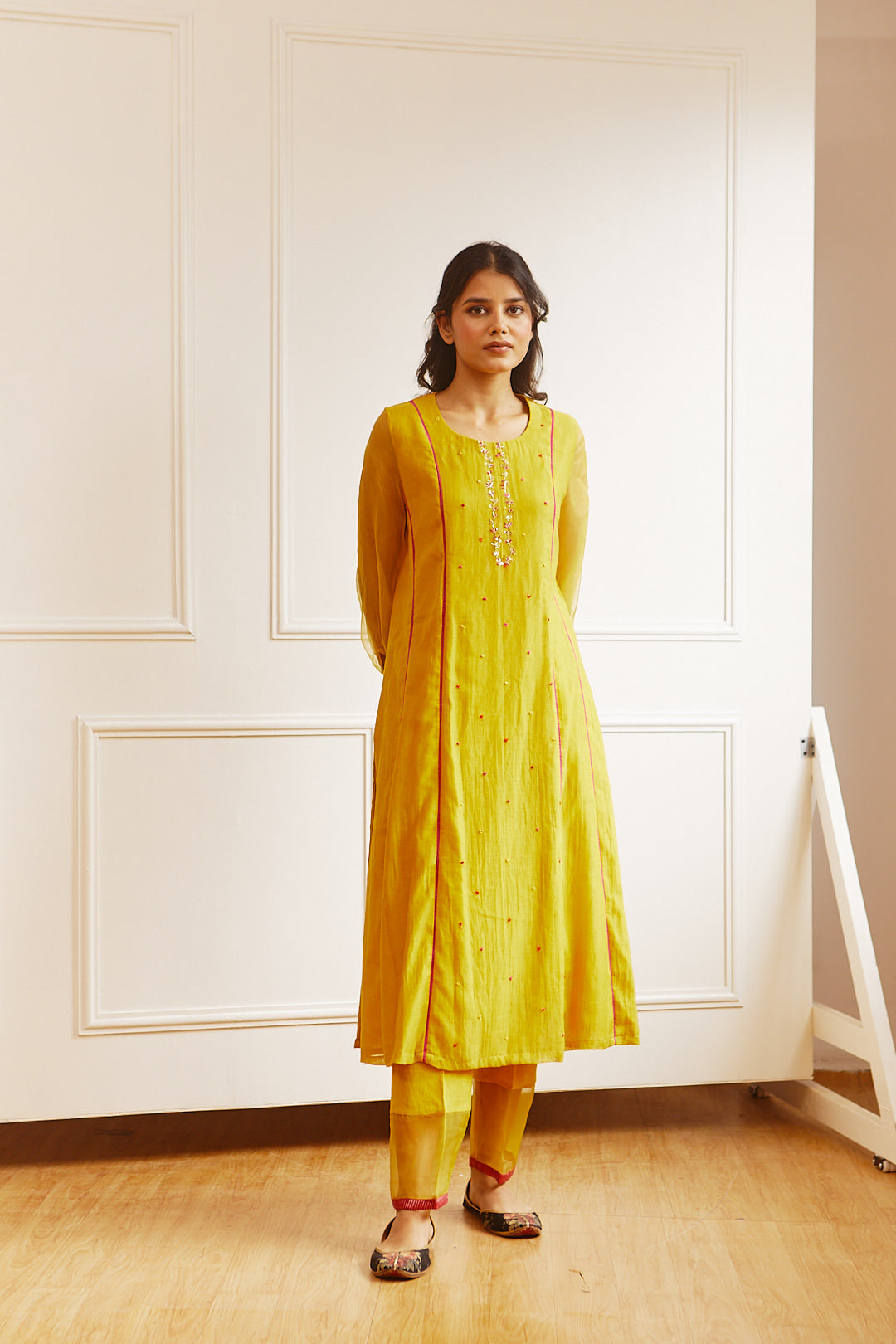 Juanita- Handwoven chanderi ochre comfort fit kurta with embellishment of dabka pitta embroidery set