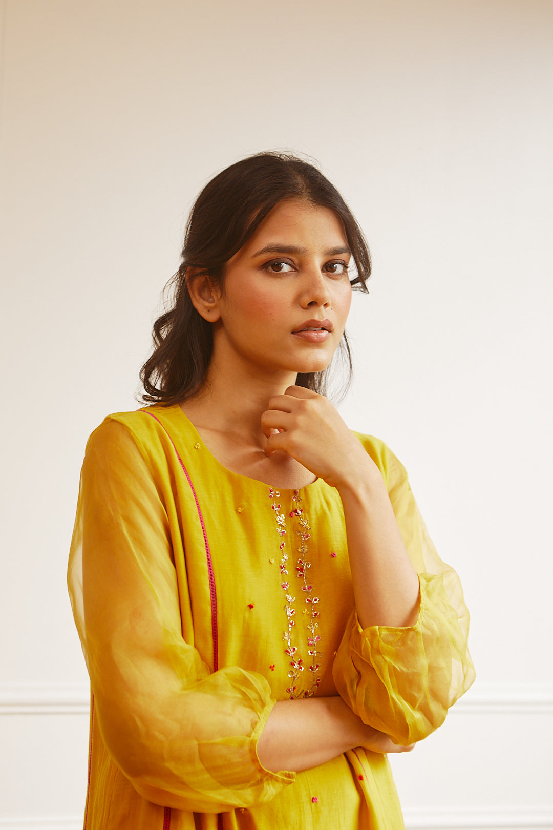 Juanita- Handwoven chanderi ochre comfort fit kurta with embellishment of dabka pitta embroidery set