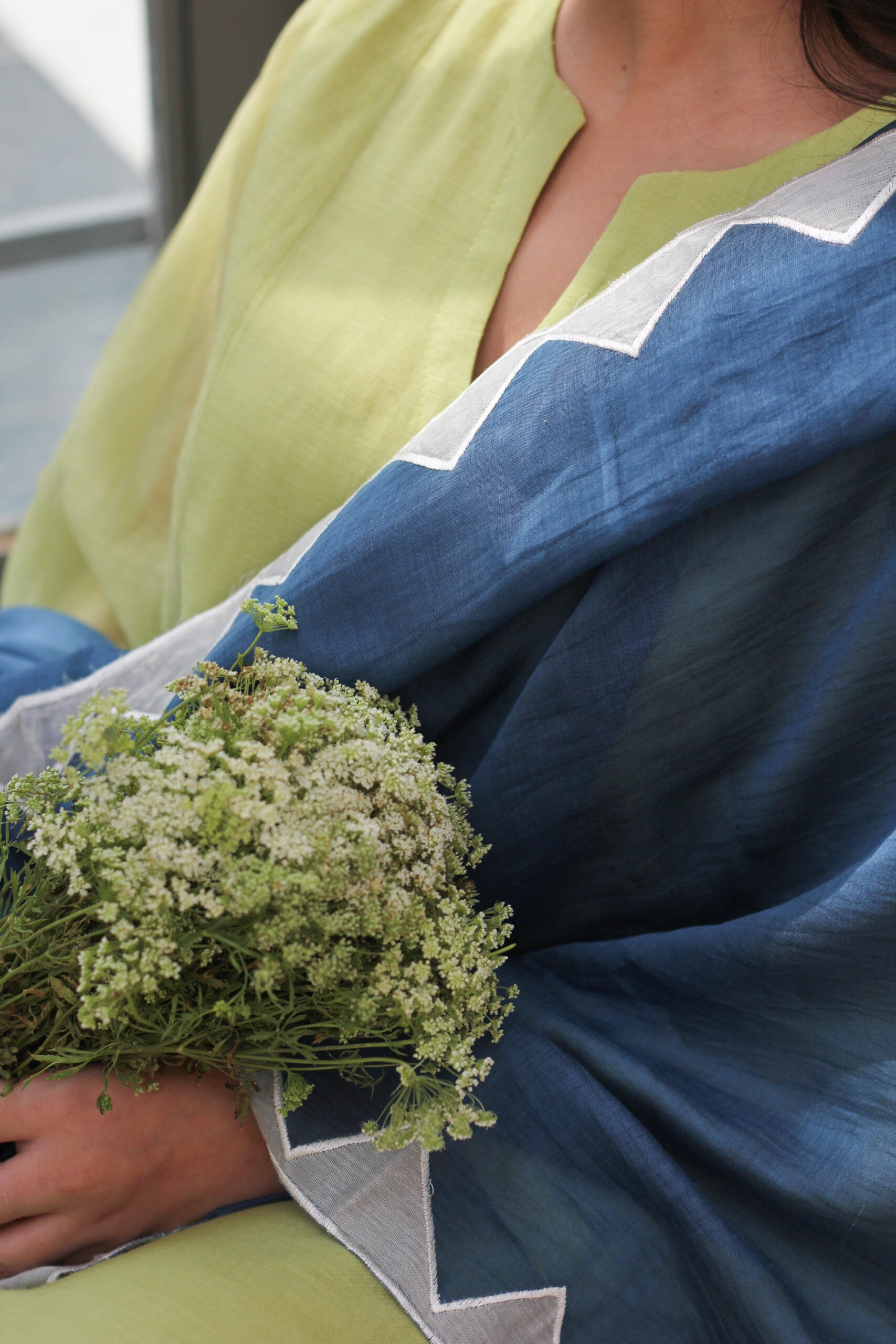 Juanita- Fabric ~Handwoven chanderi and handloom cotton- Ochre lime and royal blue