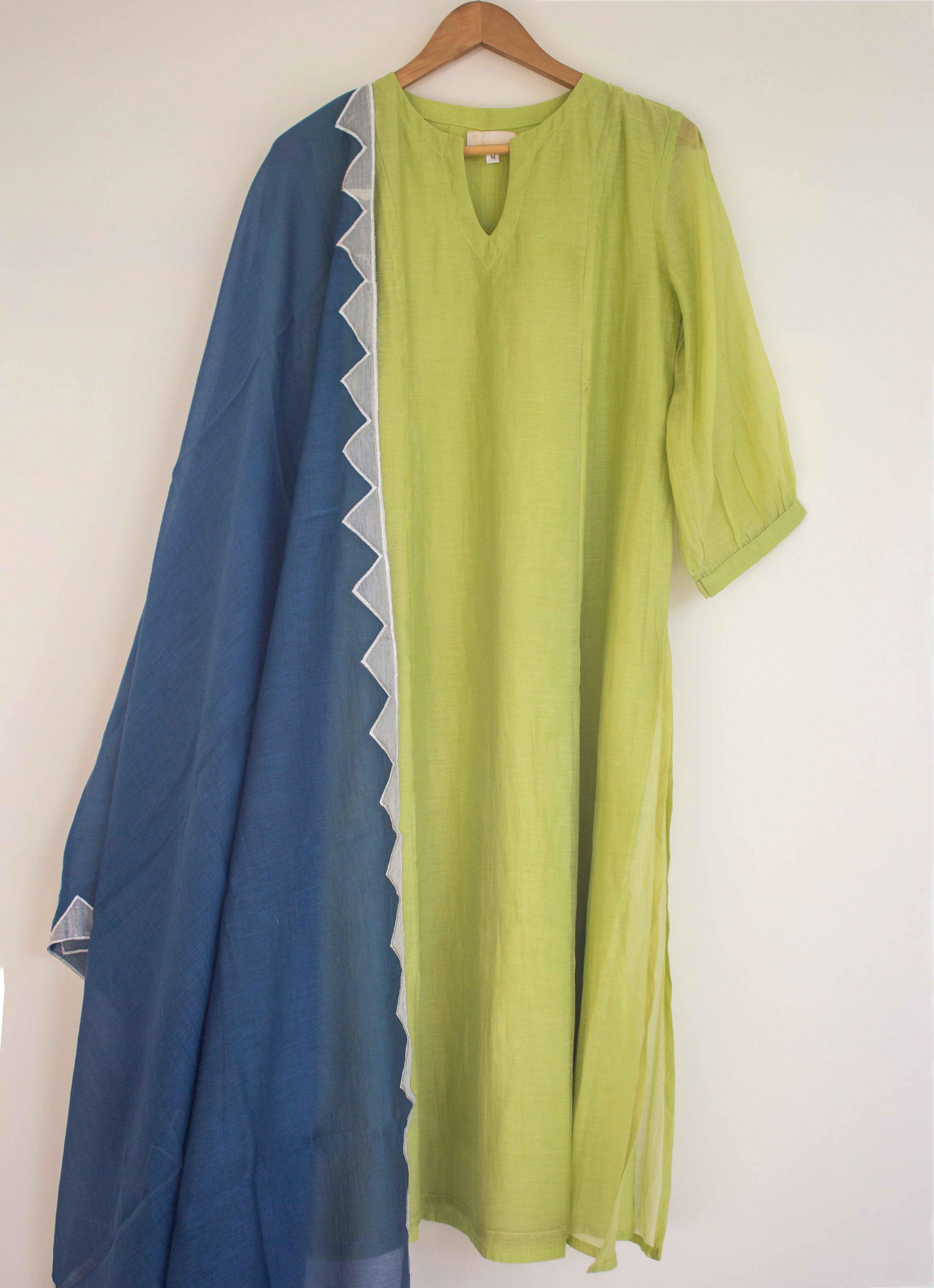 Juanita- Fabric ~Handwoven chanderi and handloom cotton- Ochre lime and royal blue