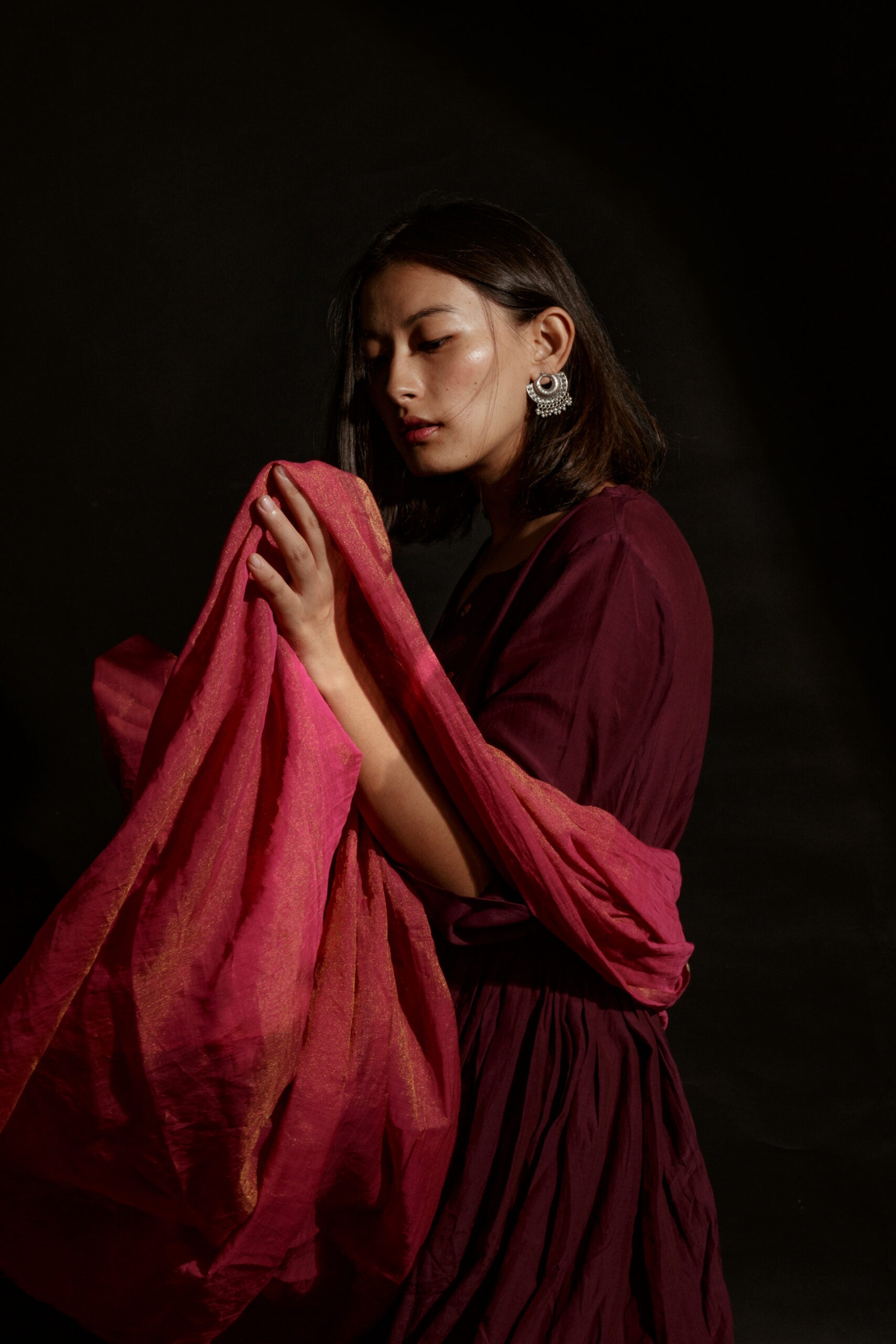 A PERFECT WINE COLORED HANDWOVEN COTTON SILK KURTA