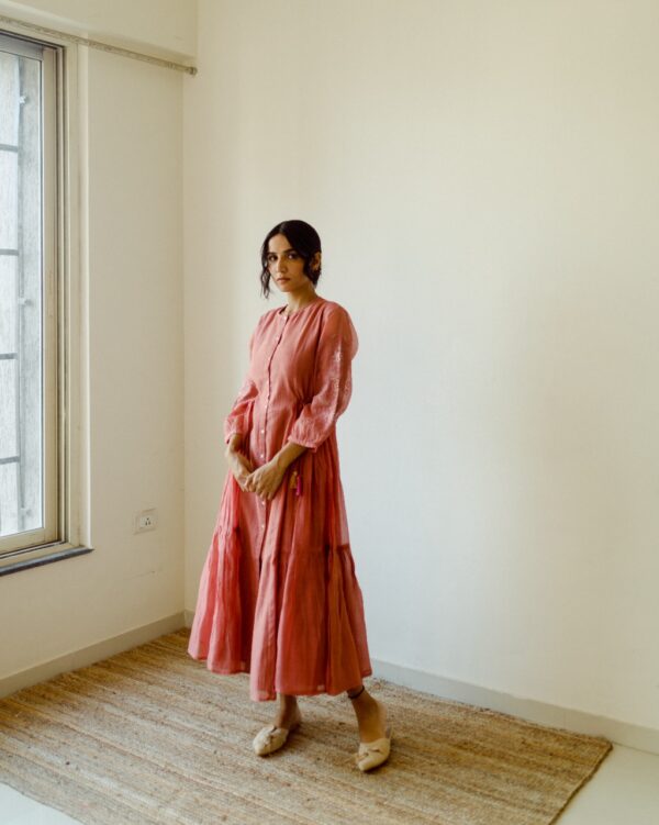 Juanita- Handwoven chanderi front open old rose side tier dress with tie up
