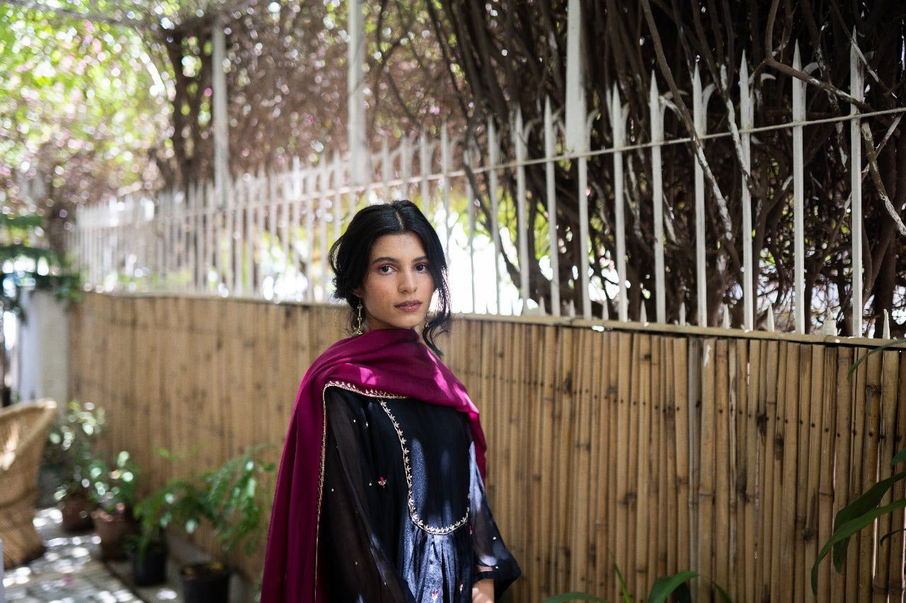 Juanita- BLACK AND WINE HANDWOVEN CHANDERI SET