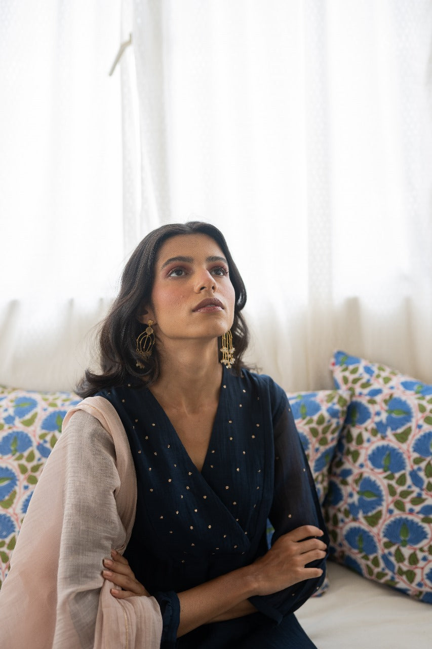 Juanita-Handwoven Chanderi Set in Midnight Blue and Blush Color