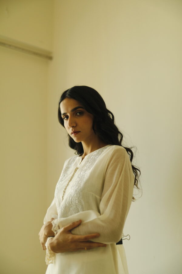 Juanita- Handwoven chanderi comfort fit ivory kurta with embellishment tonal embroidery
