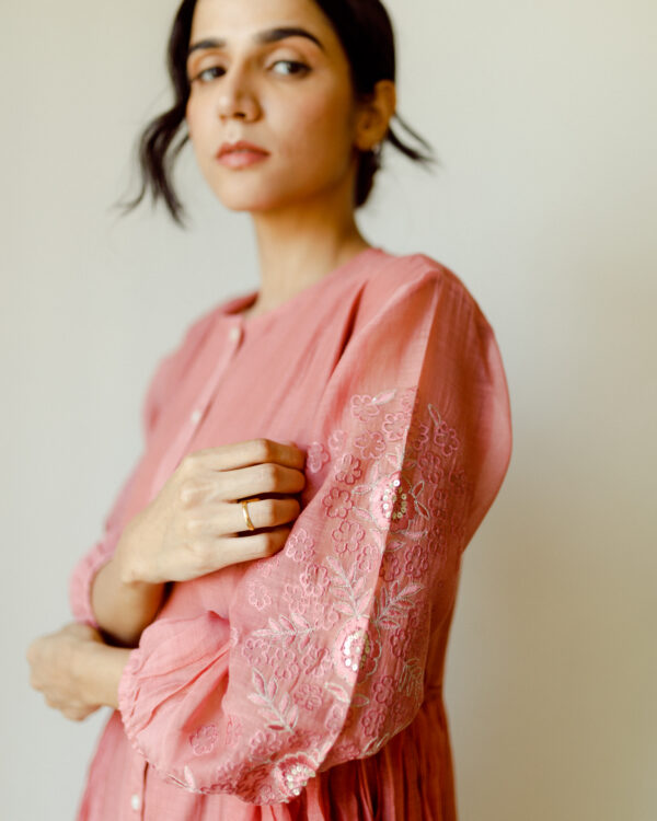 Juanita- Handwoven chanderi front open old rose side tier dress with tie up