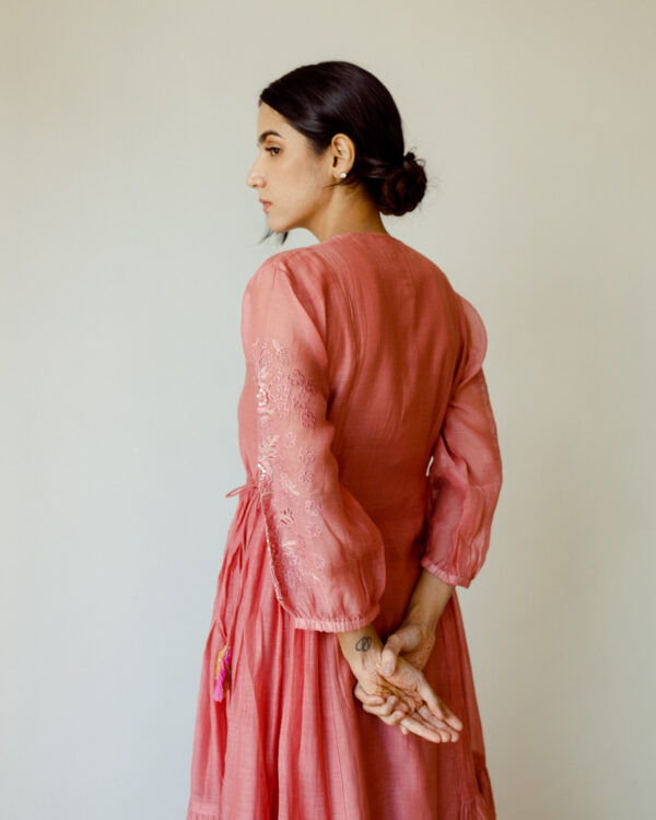 Juanita- Handwoven chanderi front open old rose side tier dress with tie up