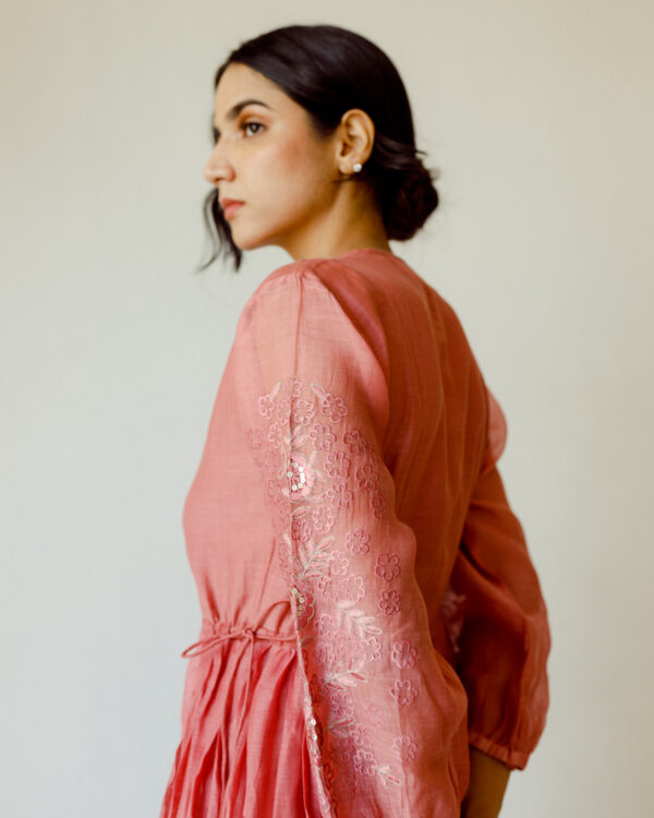 Juanita- Handwoven chanderi front open old rose side tier dress with tie up